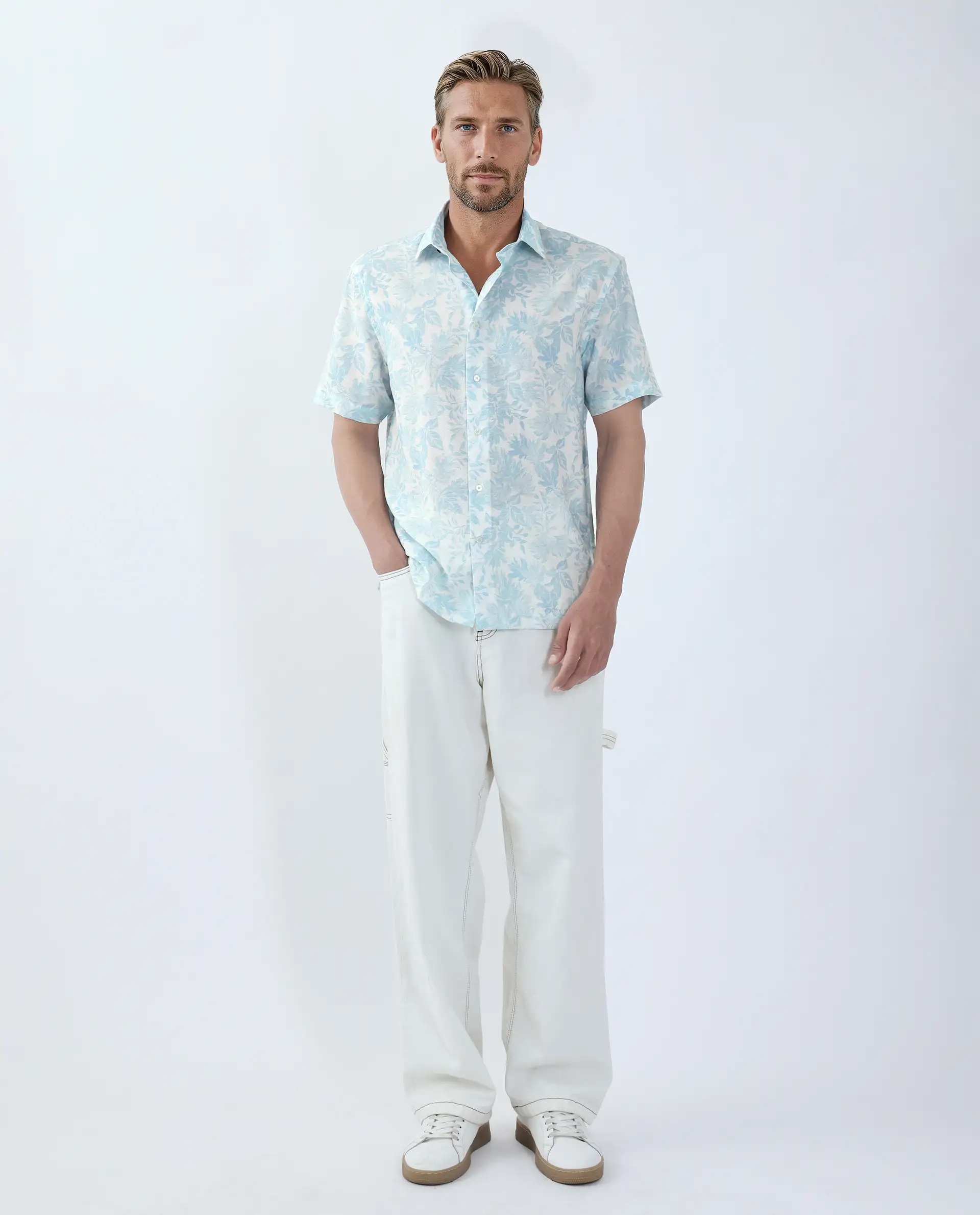 Rare Rabbit Men's Rage Pastel Blue Viscose Blend Tropical Print Regular Fit Half Sleeve Collared Shirt - Image 2