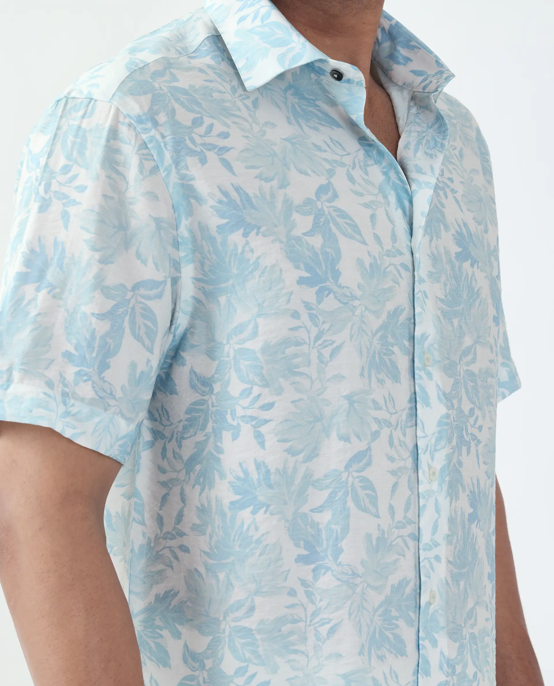 Rare Rabbit Men's Rage Pastel Blue Viscose Blend Tropical Print Regular Fit Half Sleeve Collared Shirt - Image 3