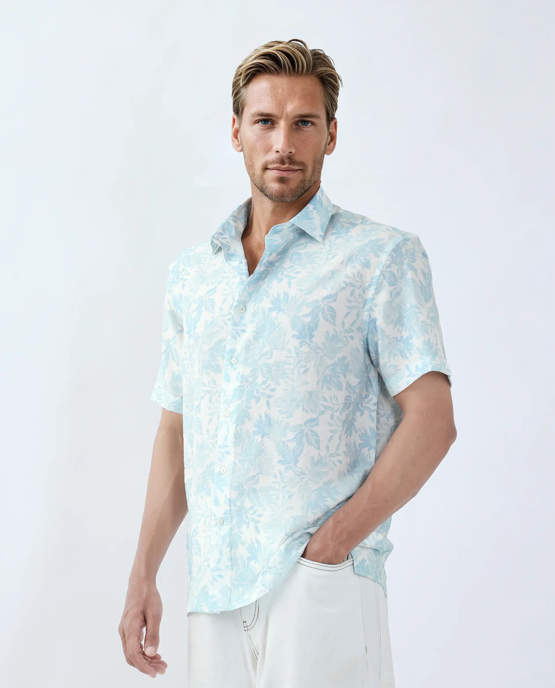 Rare Rabbit Men's Rage Pastel Blue Viscose Blend Tropical Print Regular Fit Half Sleeve Collared Shirt - Image 5