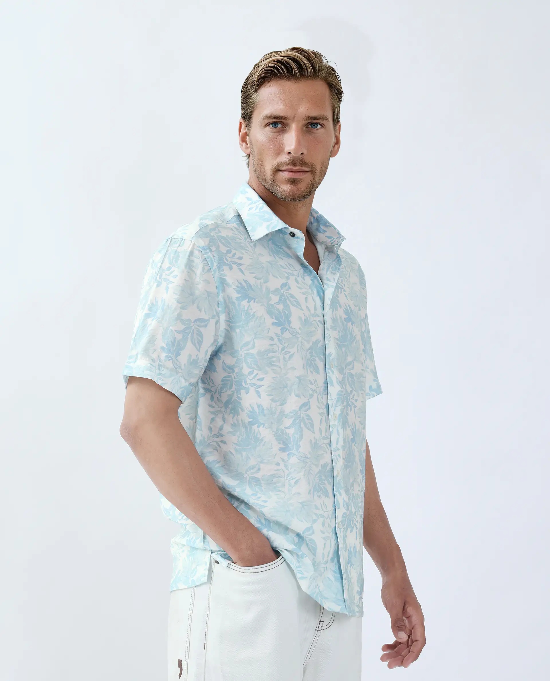 Rare Rabbit Men's Rage Pastel Blue Viscose Blend Tropical Print Regular Fit Half Sleeve Collared Shirt - Image 6