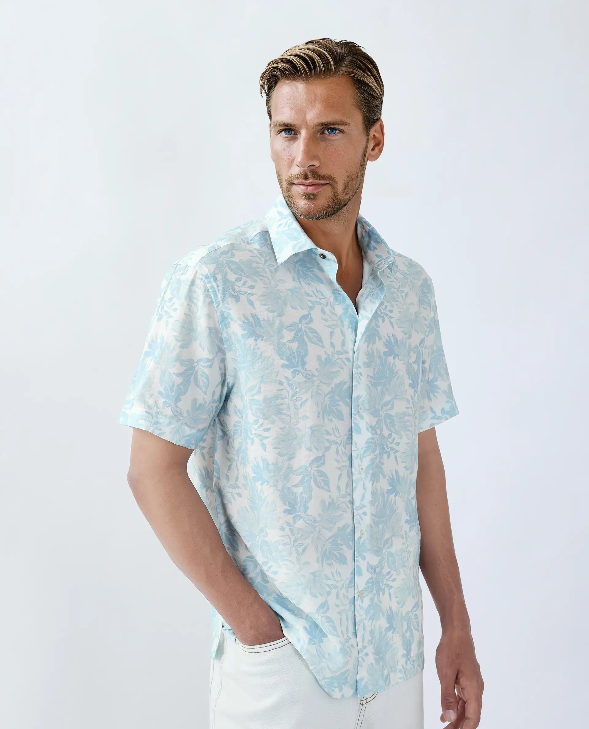 Rare Rabbit Men's Rage Pastel Blue Viscose Blend Tropical Print Regular Fit Half Sleeve Collared Shirt - Image 8
