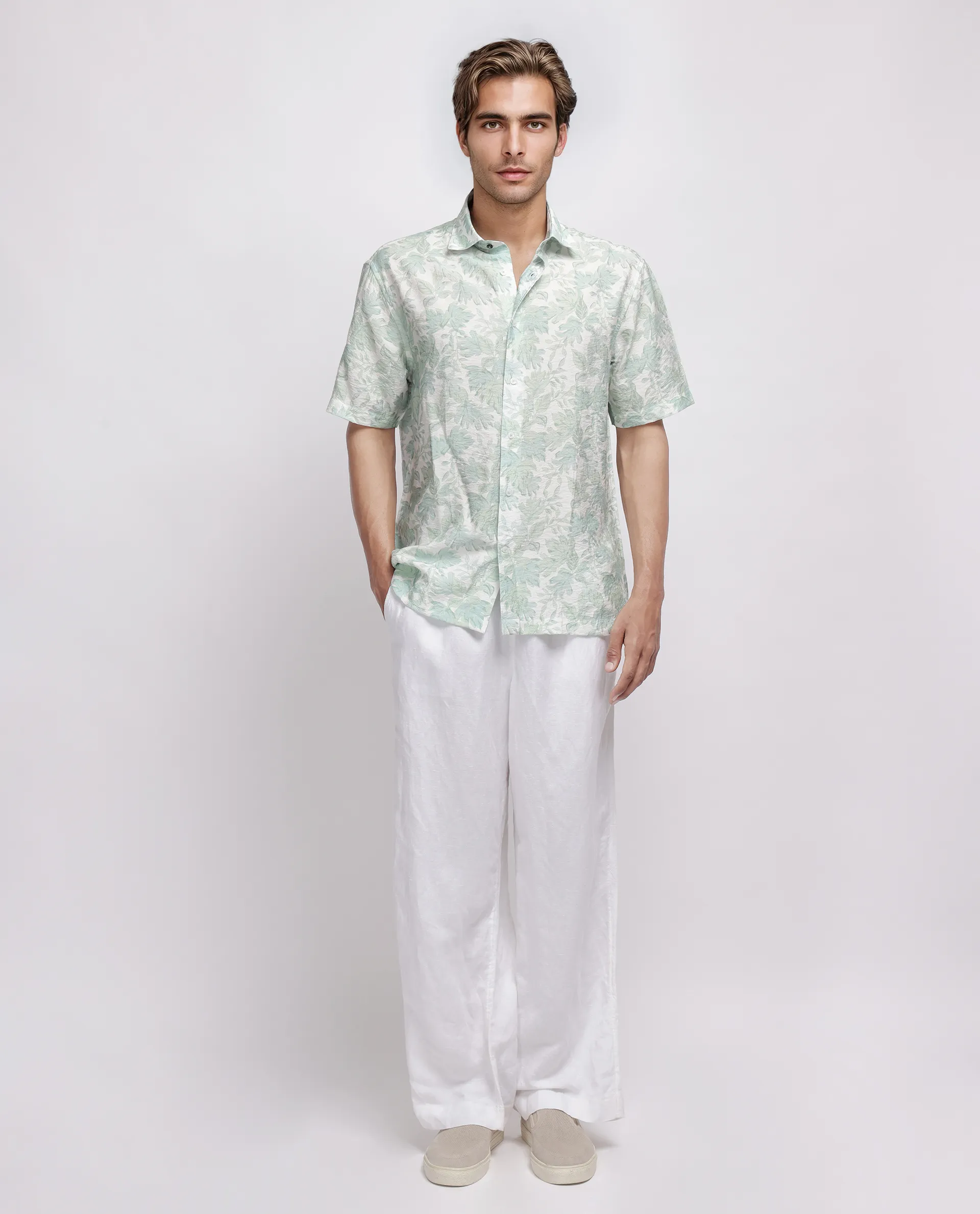 Rare Rabbit Men's Rage Pastel Green Viscose Blend Tropical Print Regular Fit Half Sleeve Collared Shirt - Image 2