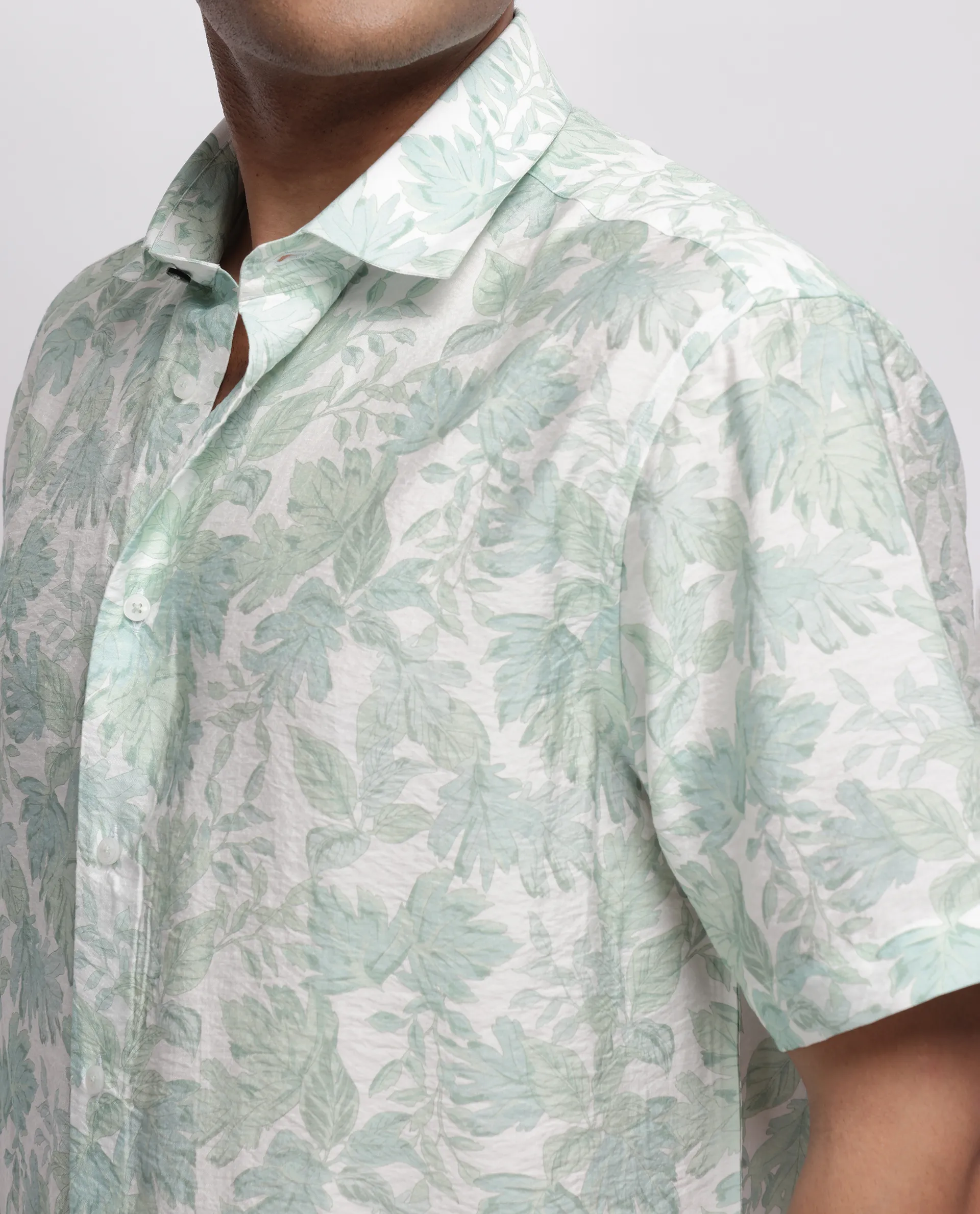 Rare Rabbit Men's Rage Pastel Green Viscose Blend Tropical Print Regular Fit Half Sleeve Collared Shirt - Image 3