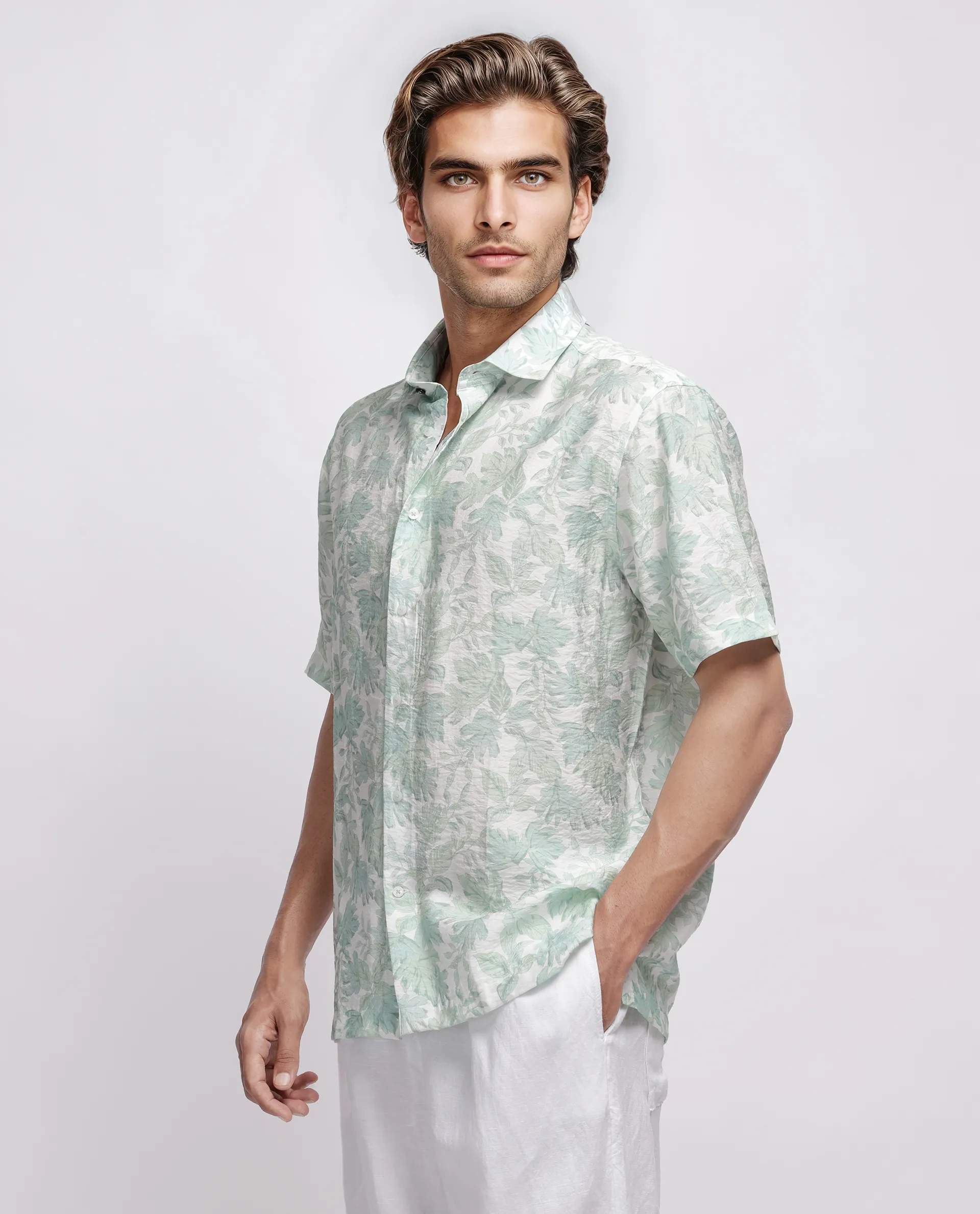 Rare Rabbit Men's Rage Pastel Green Viscose Blend Tropical Print Regular Fit Half Sleeve Collared Shirt - Image 5