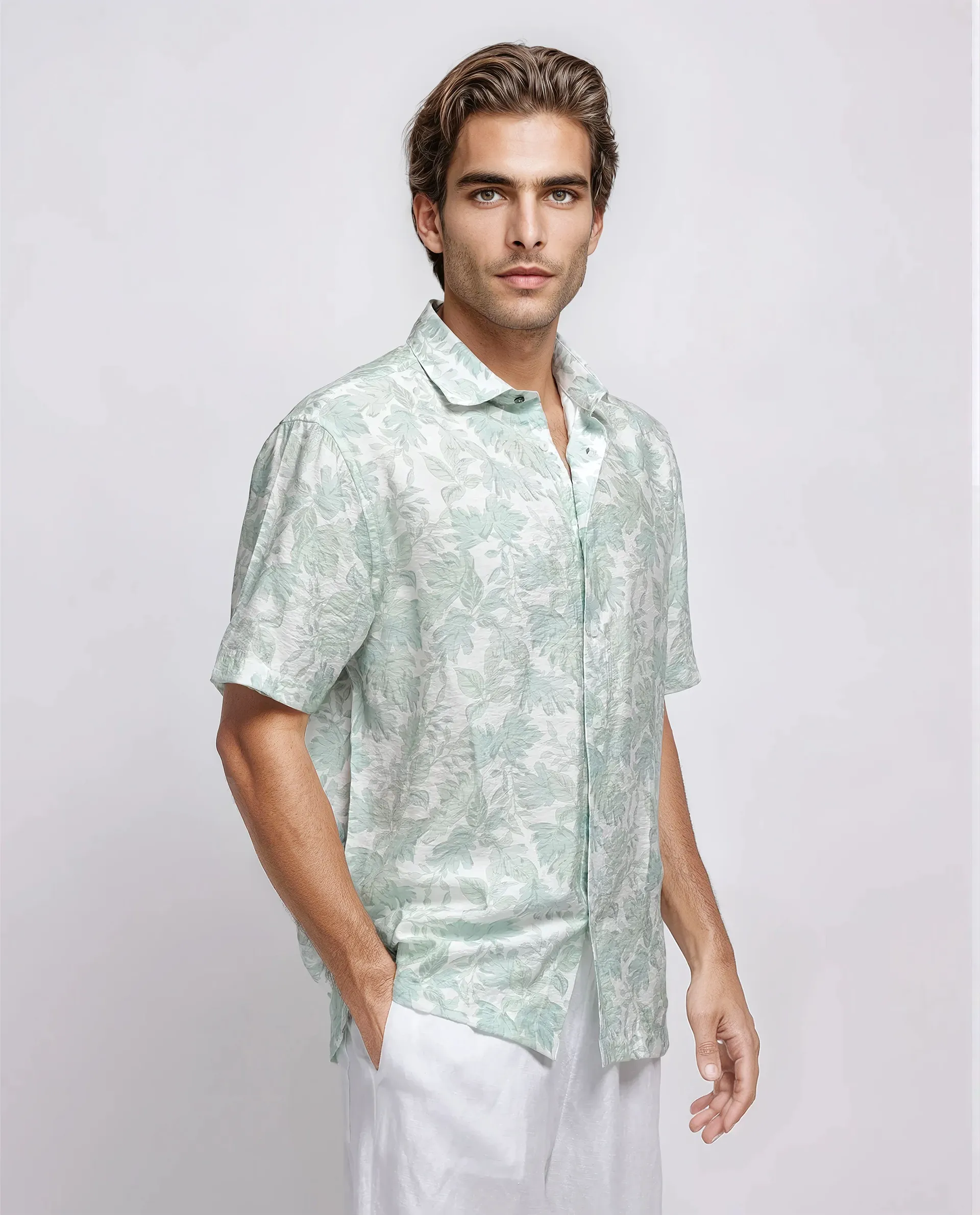 Rare Rabbit Men's Rage Pastel Green Viscose Blend Tropical Print Regular Fit Half Sleeve Collared Shirt - Image 6