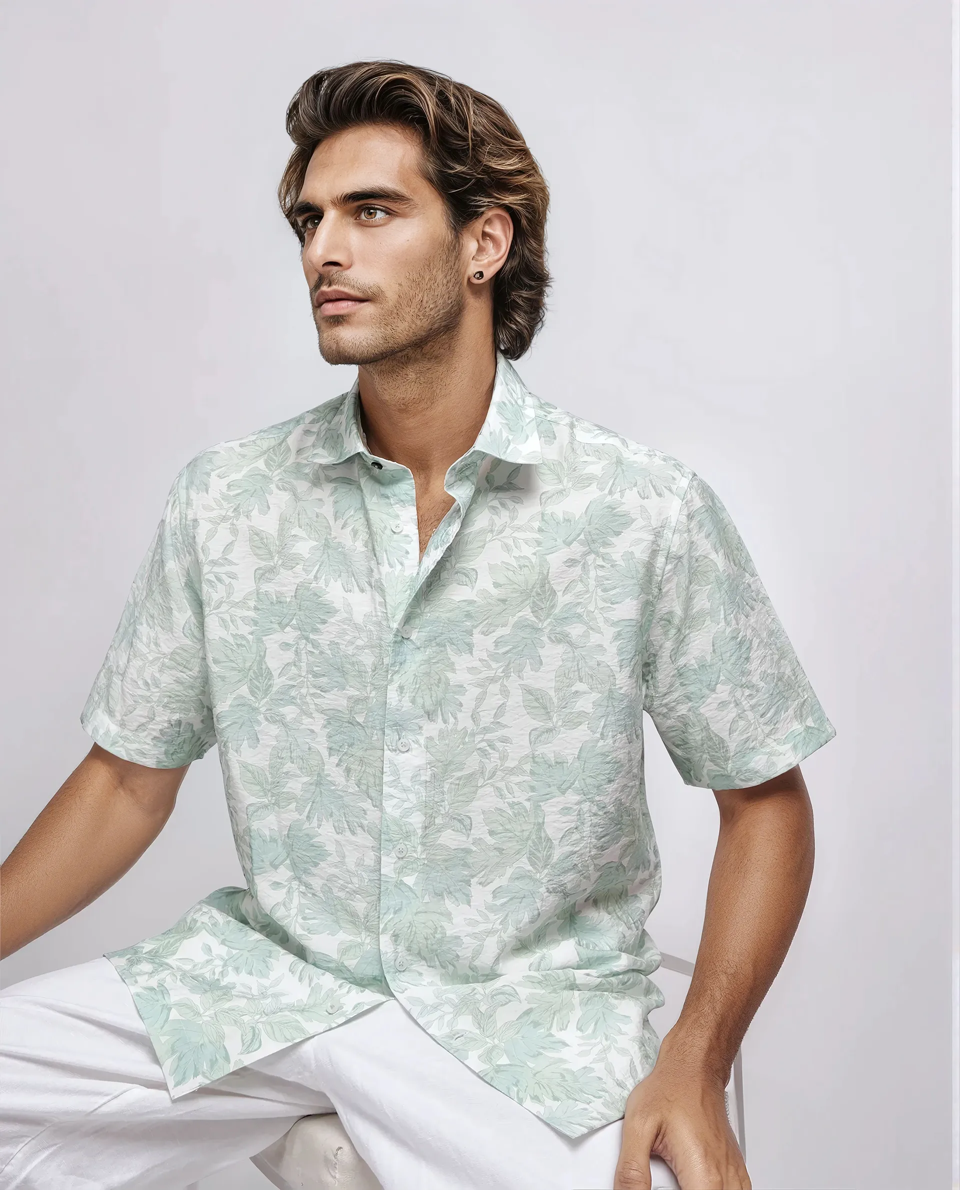 Rare Rabbit Men's Rage Pastel Green Viscose Blend Tropical Print Regular Fit Half Sleeve Collared Shirt - Image 8