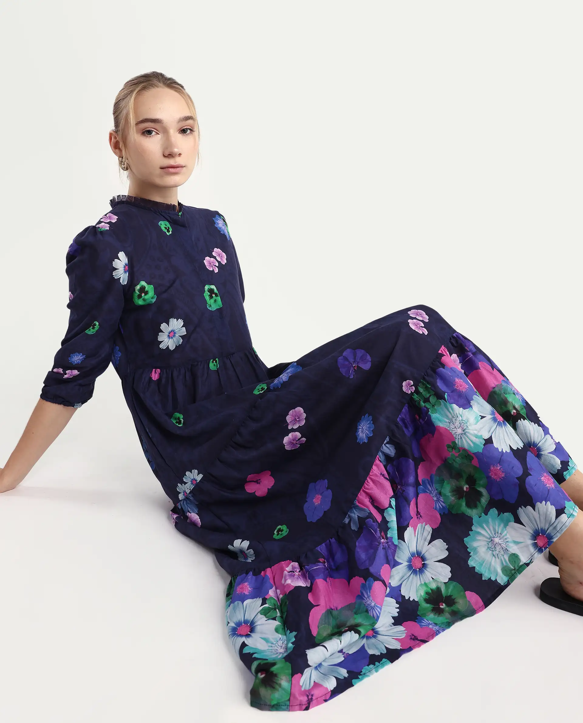 Rareism Women's Ragen Navy Cotton High Neck Floral Print Balloon Sleeve Knee Length Regular Fit Dress - Image 2