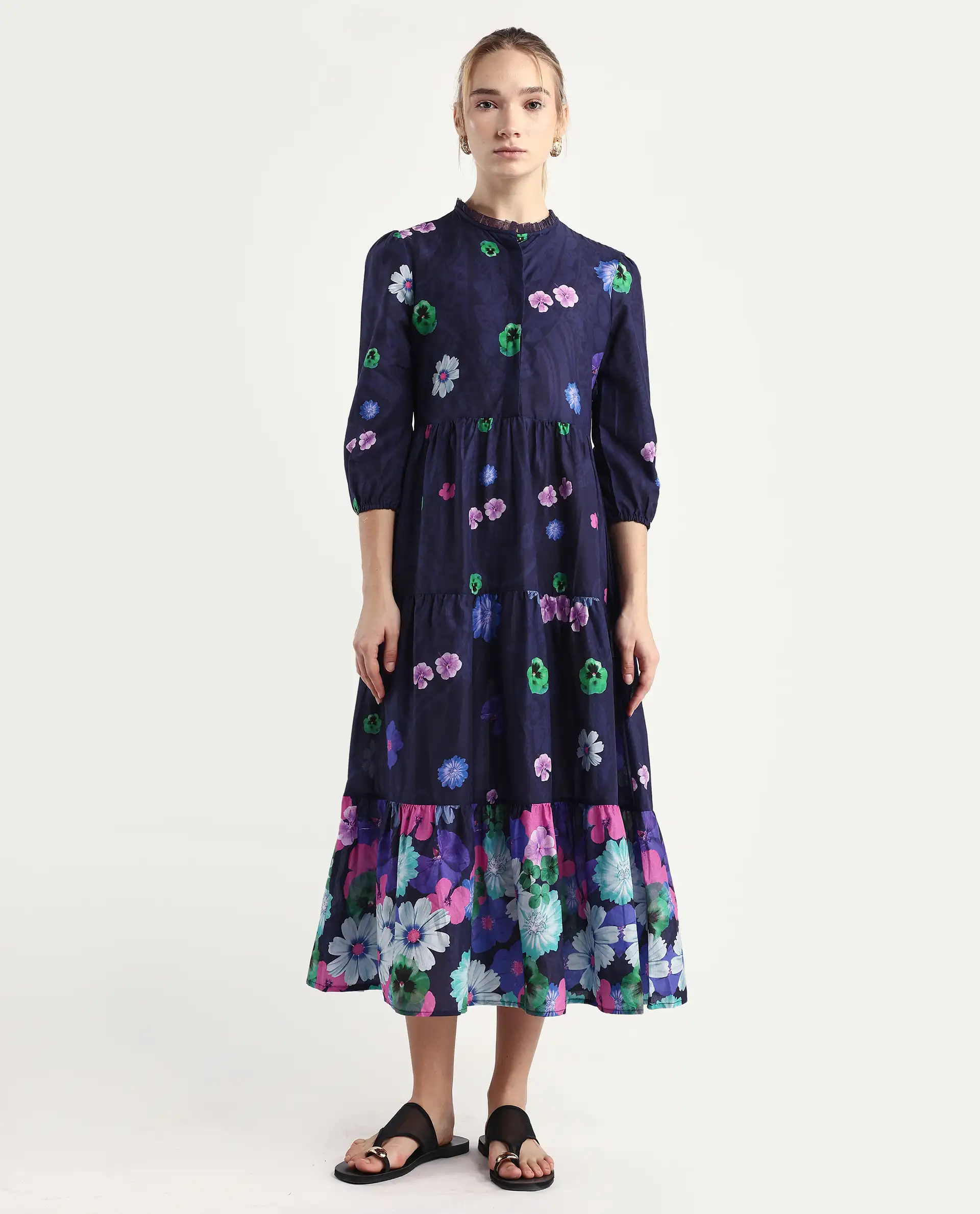 Rareism Women's Ragen Navy Cotton High Neck Floral Print Balloon Sleeve Knee Length Regular Fit Dress - Image 3