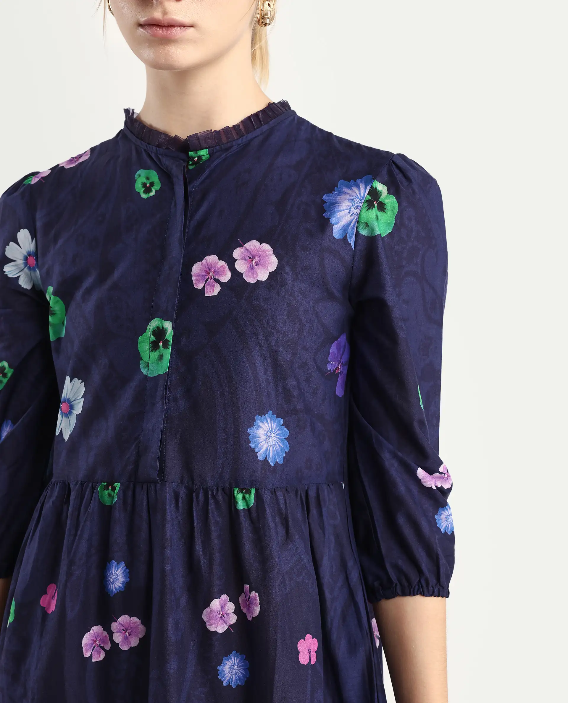 Rareism Women's Ragen Navy Cotton High Neck Floral Print Balloon Sleeve Knee Length Regular Fit Dress - Image 4