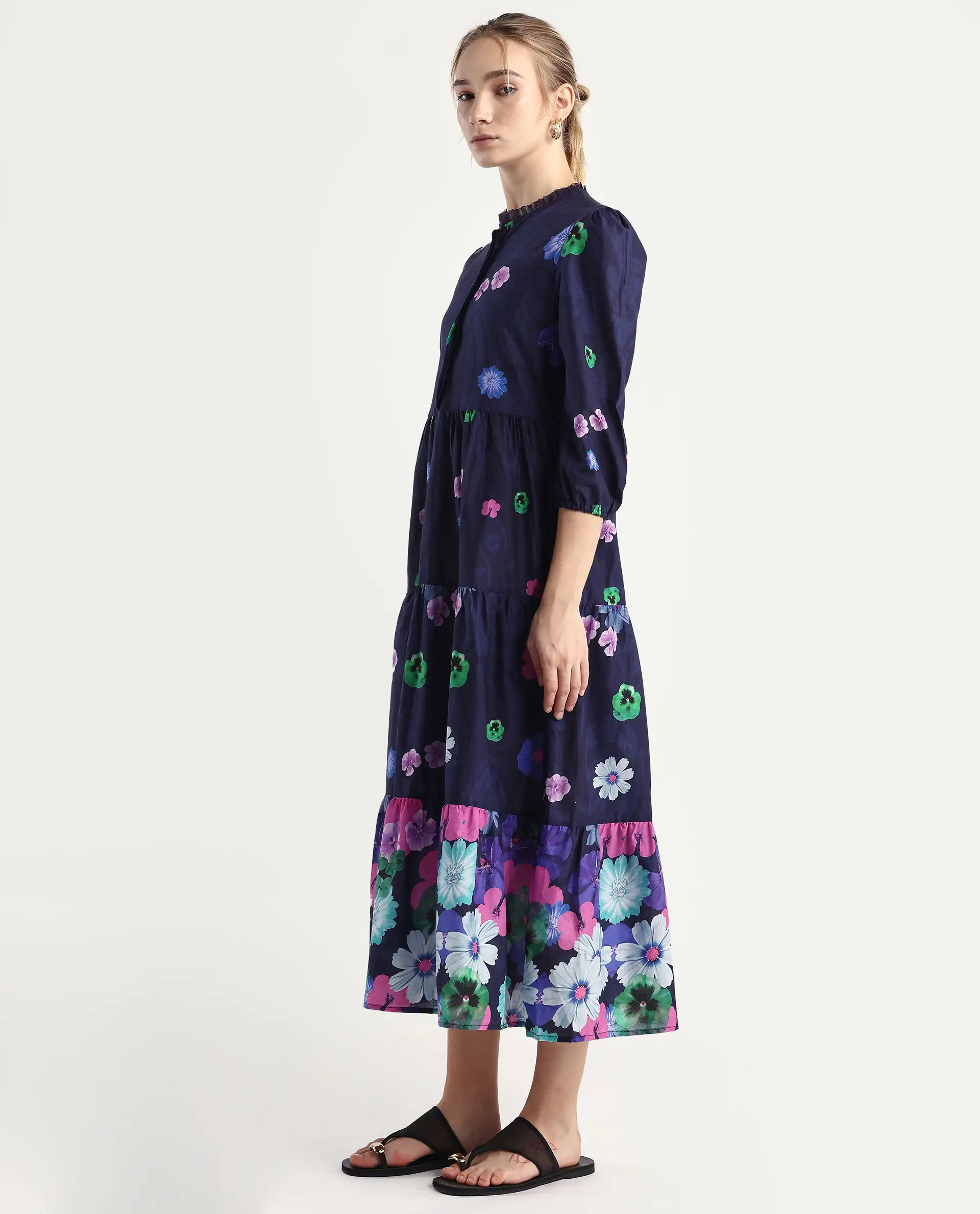 Rareism Women's Ragen Navy Cotton High Neck Floral Print Balloon Sleeve Knee Length Regular Fit Dress - Image 5
