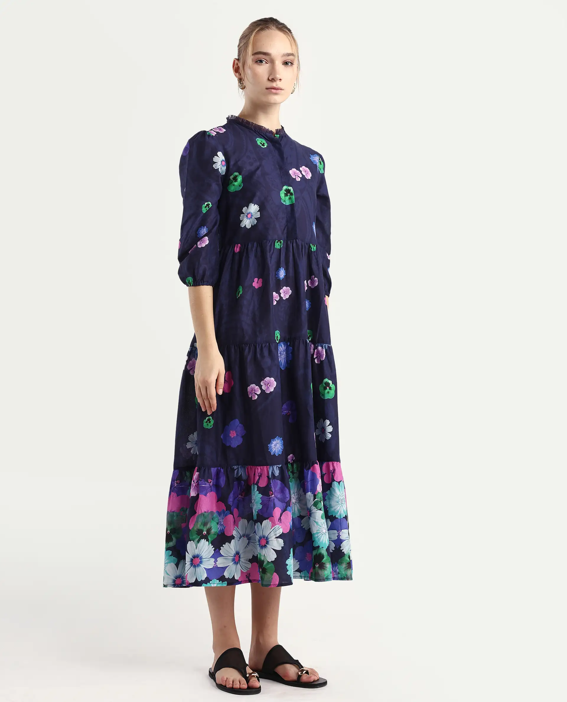 Rareism Women's Ragen Navy Cotton High Neck Floral Print Balloon Sleeve Knee Length Regular Fit Dress - Image 6