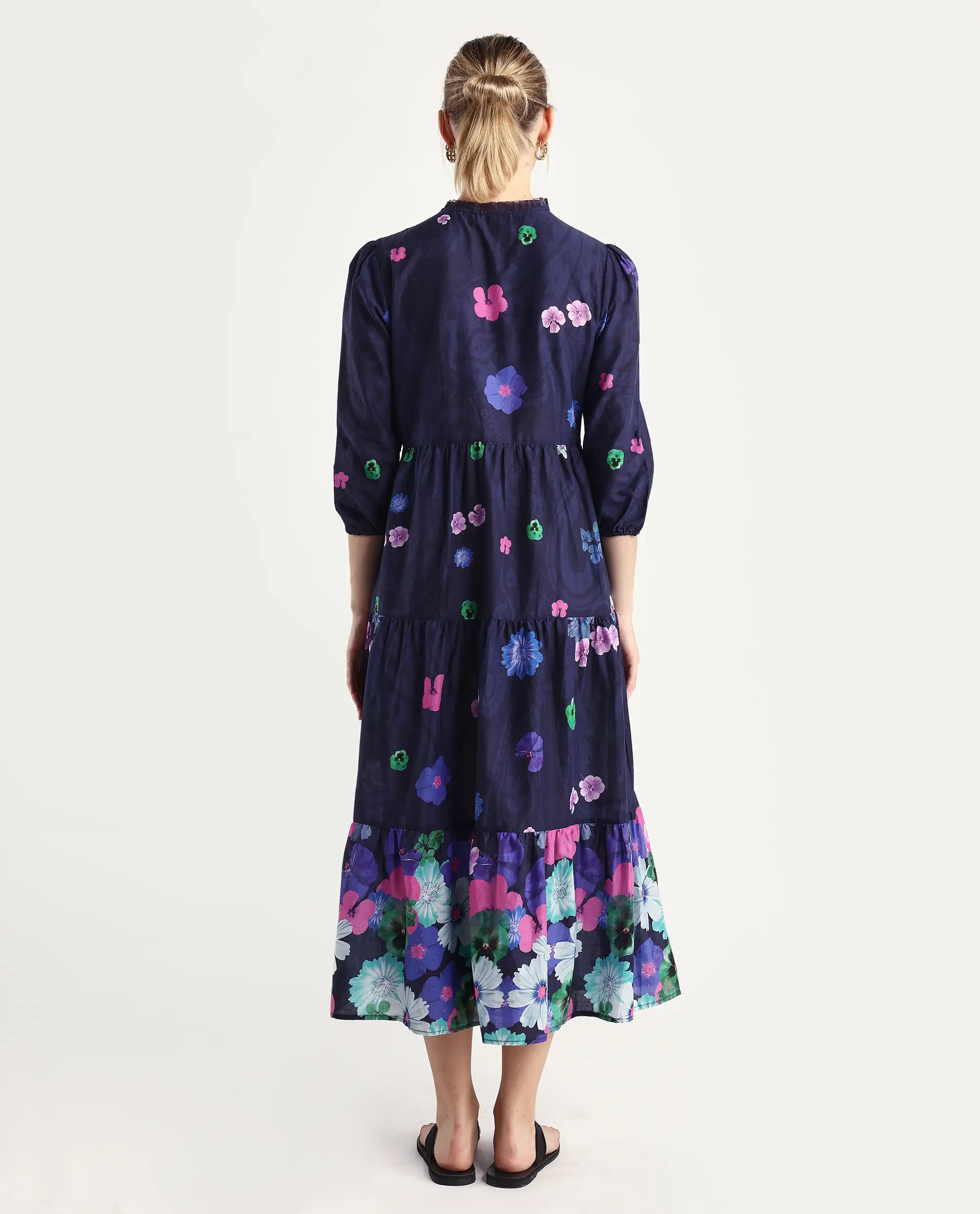 Rareism Women's Ragen Navy Cotton High Neck Floral Print Balloon Sleeve Knee Length Regular Fit Dress - Image 7
