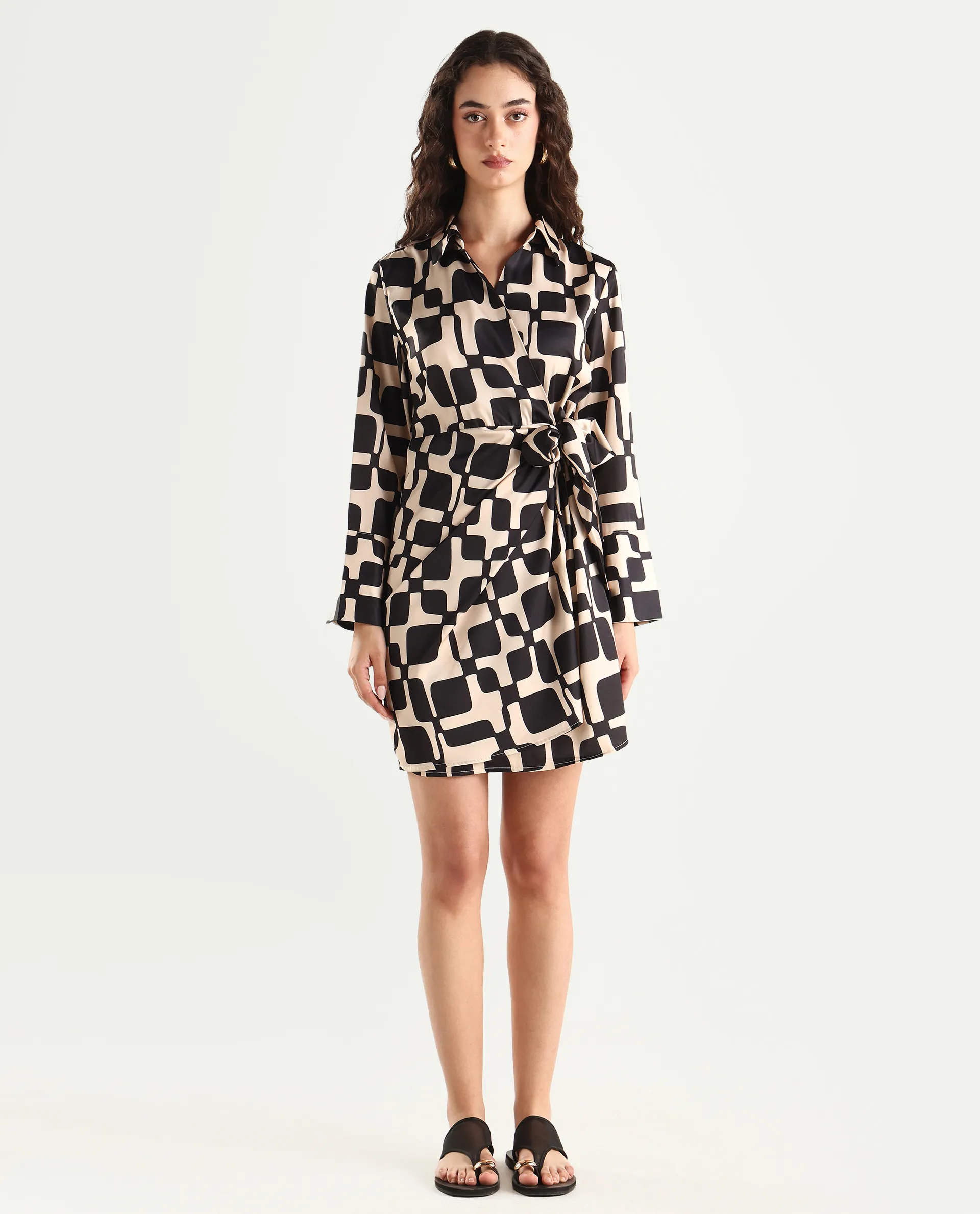 Rareism Women's Rager Black Satin Drop Collar Geometric Print Cuffed Sleeve Mini Wrap Dress - Image 4