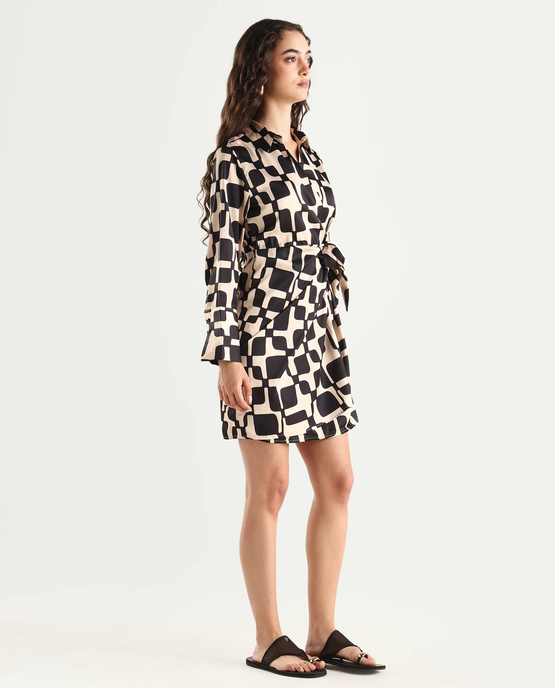 Rareism Women's Rager Black Satin Drop Collar Geometric Print Cuffed Sleeve Mini Wrap Dress - Image 5