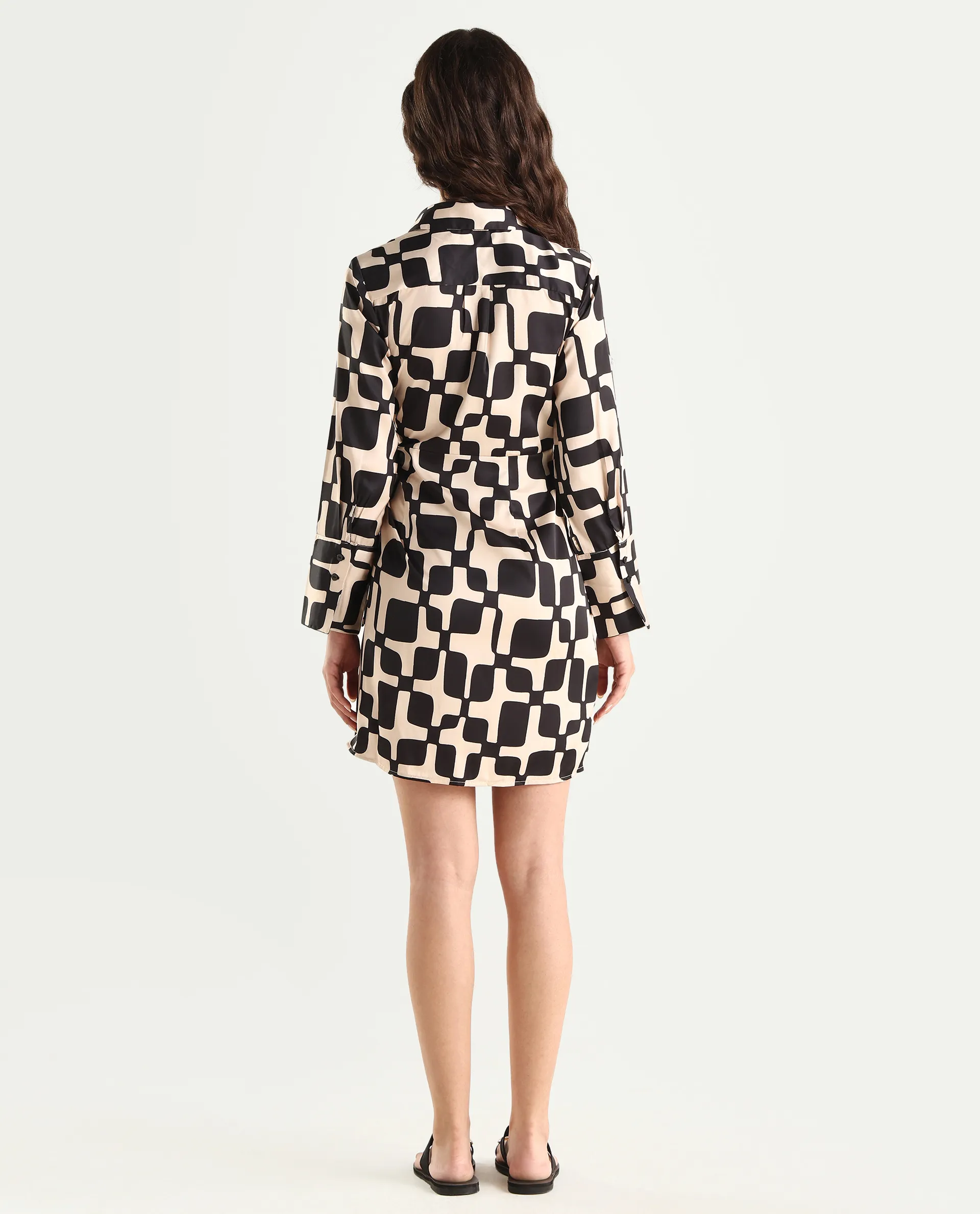 Rareism Women's Rager Black Satin Drop Collar Geometric Print Cuffed Sleeve Mini Wrap Dress - Image 9