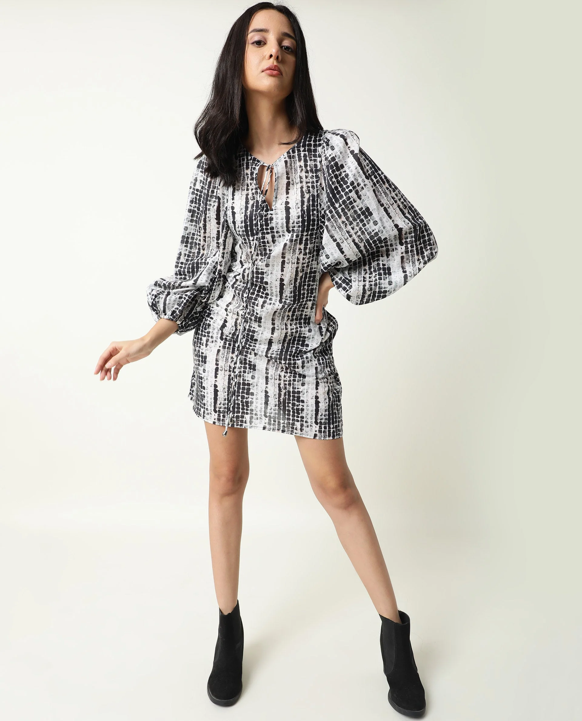 Rareism Women's Ragi Black Cotton Tie-Up Neck Abstract Print Volume Sleeve Mini Regular Fit Dress