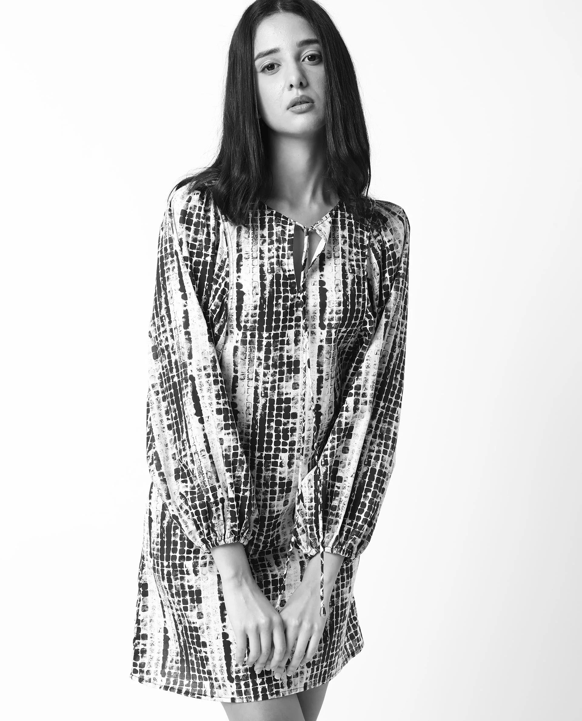 Rareism Women's Ragi Black Cotton Tie-Up Neck Abstract Print Volume Sleeve Mini Regular Fit Dress - Image 11