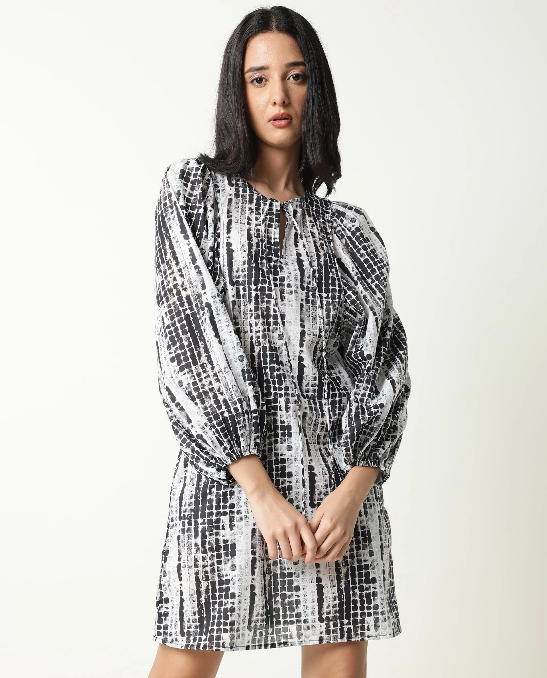 Rareism Women's Ragi Black Cotton Tie-Up Neck Abstract Print Volume Sleeve Mini Regular Fit Dress - Image 2