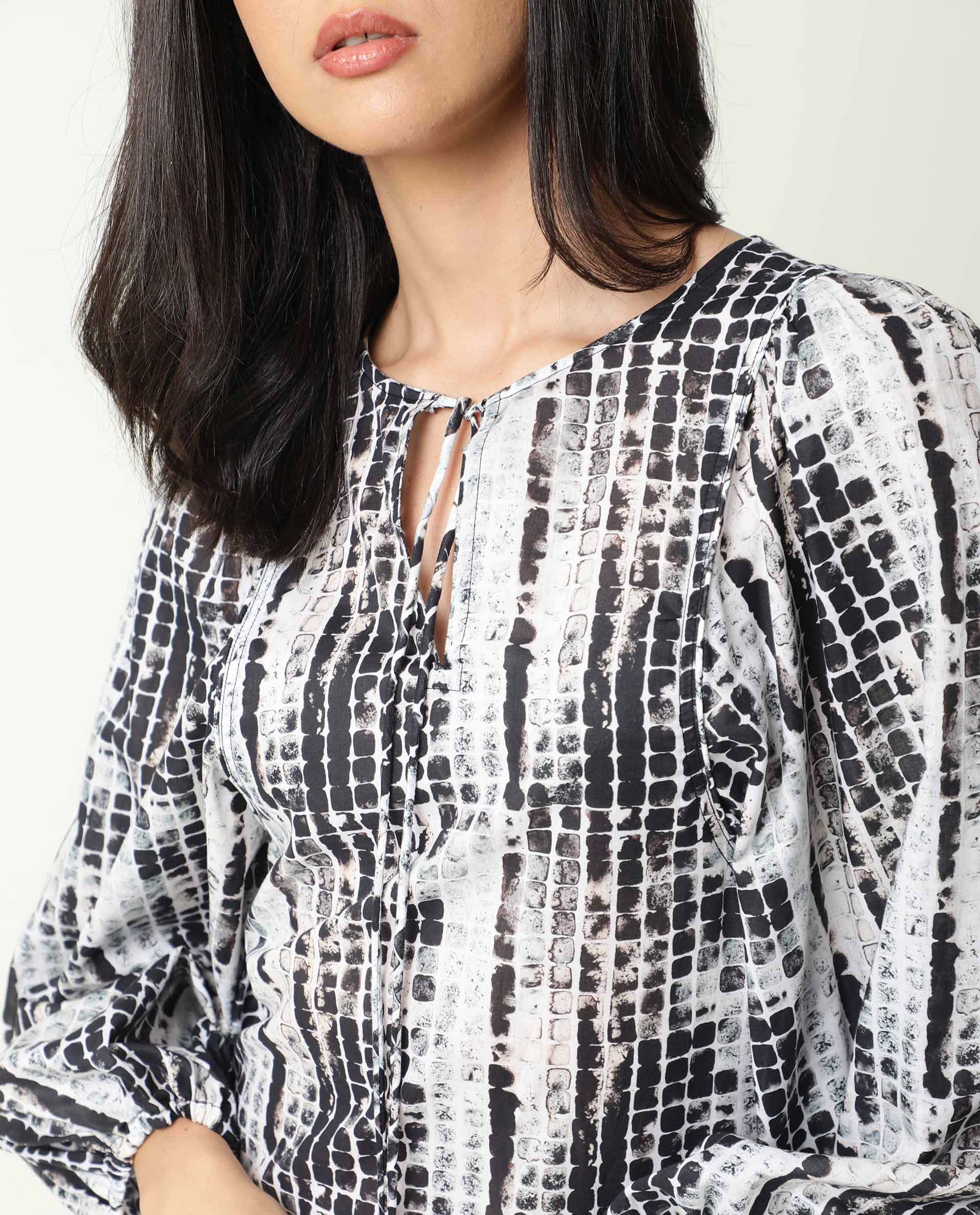 Rareism Women's Ragi Black Cotton Tie-Up Neck Abstract Print Volume Sleeve Mini Regular Fit Dress - Image 3