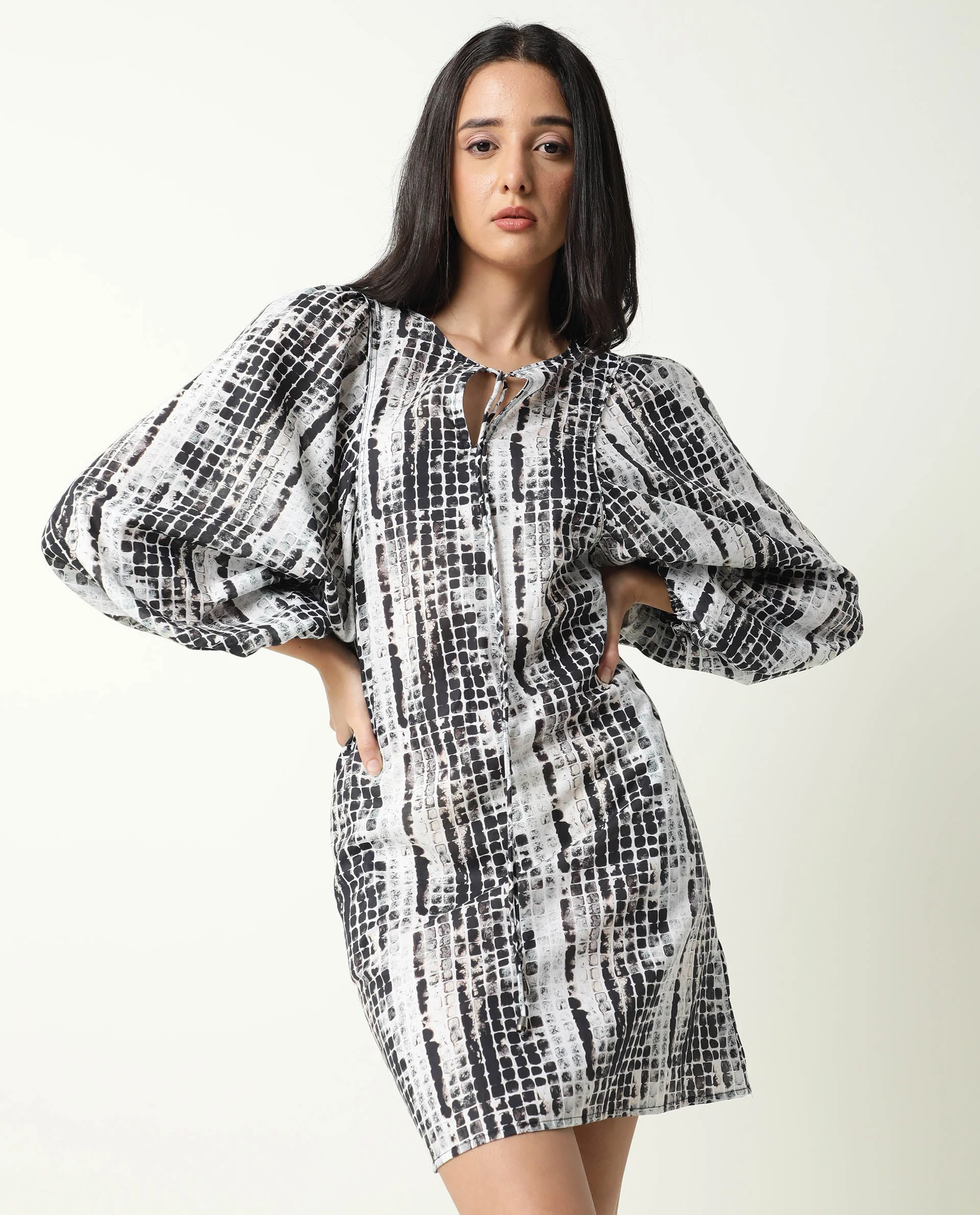 Rareism Women's Ragi Black Cotton Tie-Up Neck Abstract Print Volume Sleeve Mini Regular Fit Dress - Image 4
