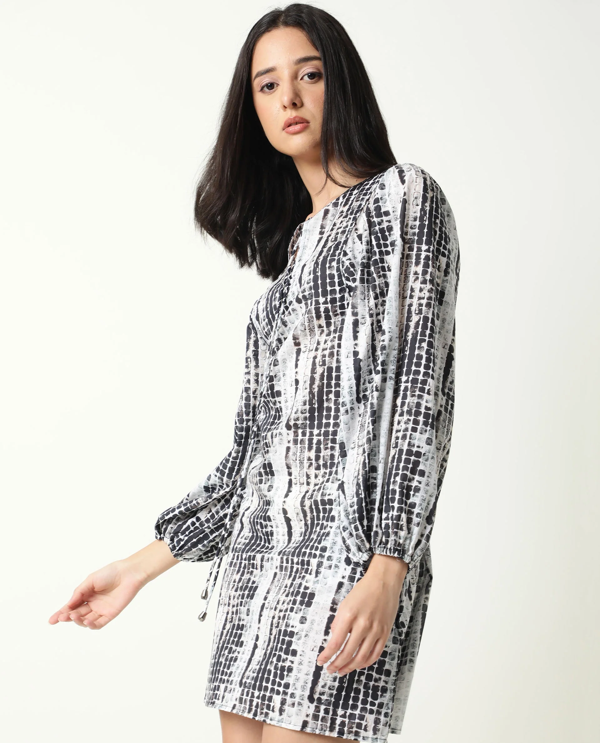 Rareism Women's Ragi Black Cotton Tie-Up Neck Abstract Print Volume Sleeve Mini Regular Fit Dress - Image 5