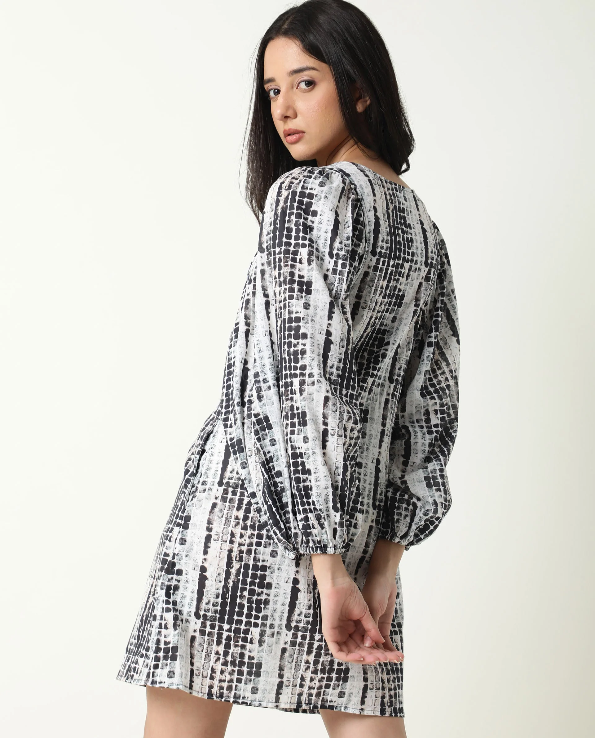 Rareism Women's Ragi Black Cotton Tie-Up Neck Abstract Print Volume Sleeve Mini Regular Fit Dress - Image 6