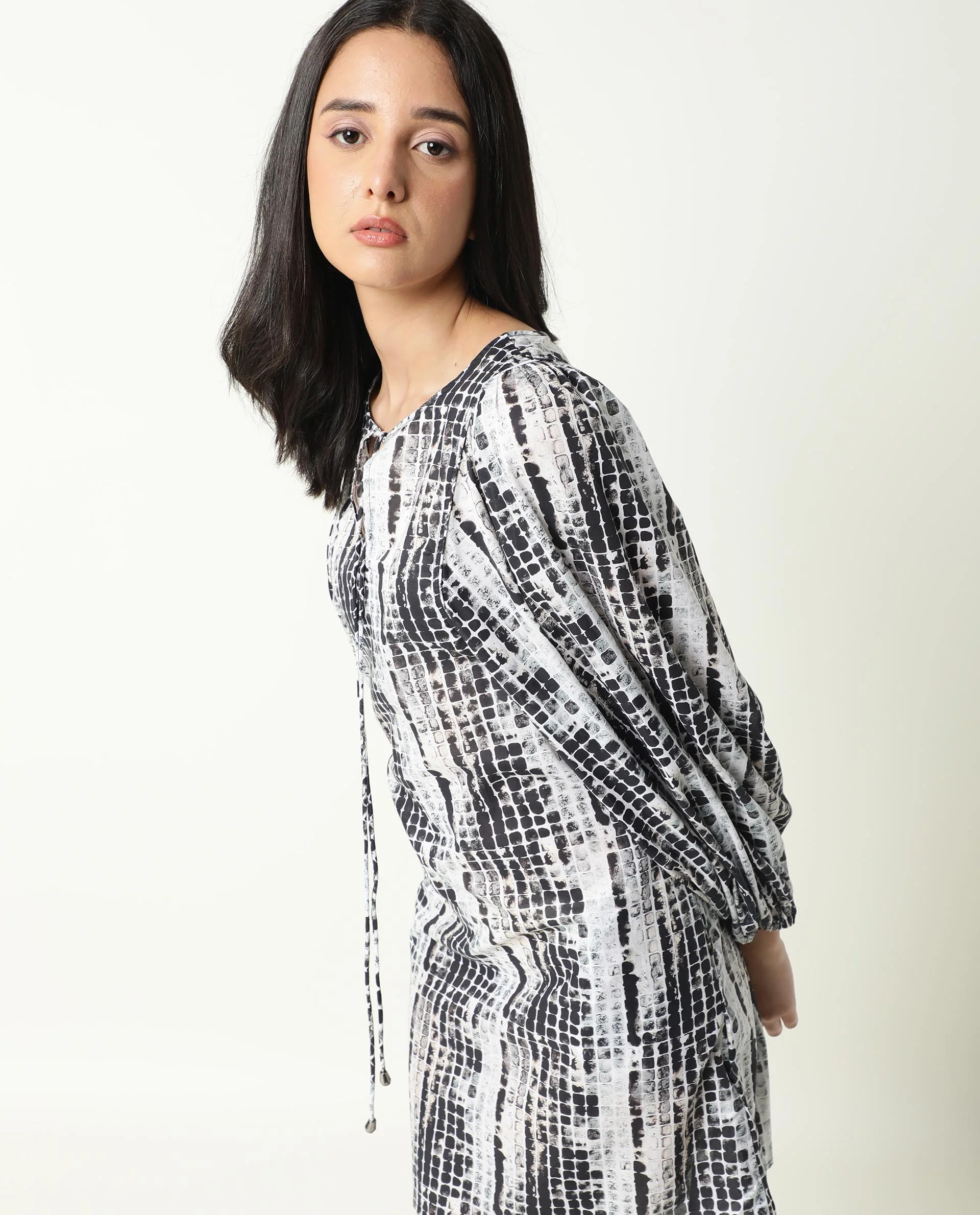 Rareism Women's Ragi Black Cotton Tie-Up Neck Abstract Print Volume Sleeve Mini Regular Fit Dress - Image 7