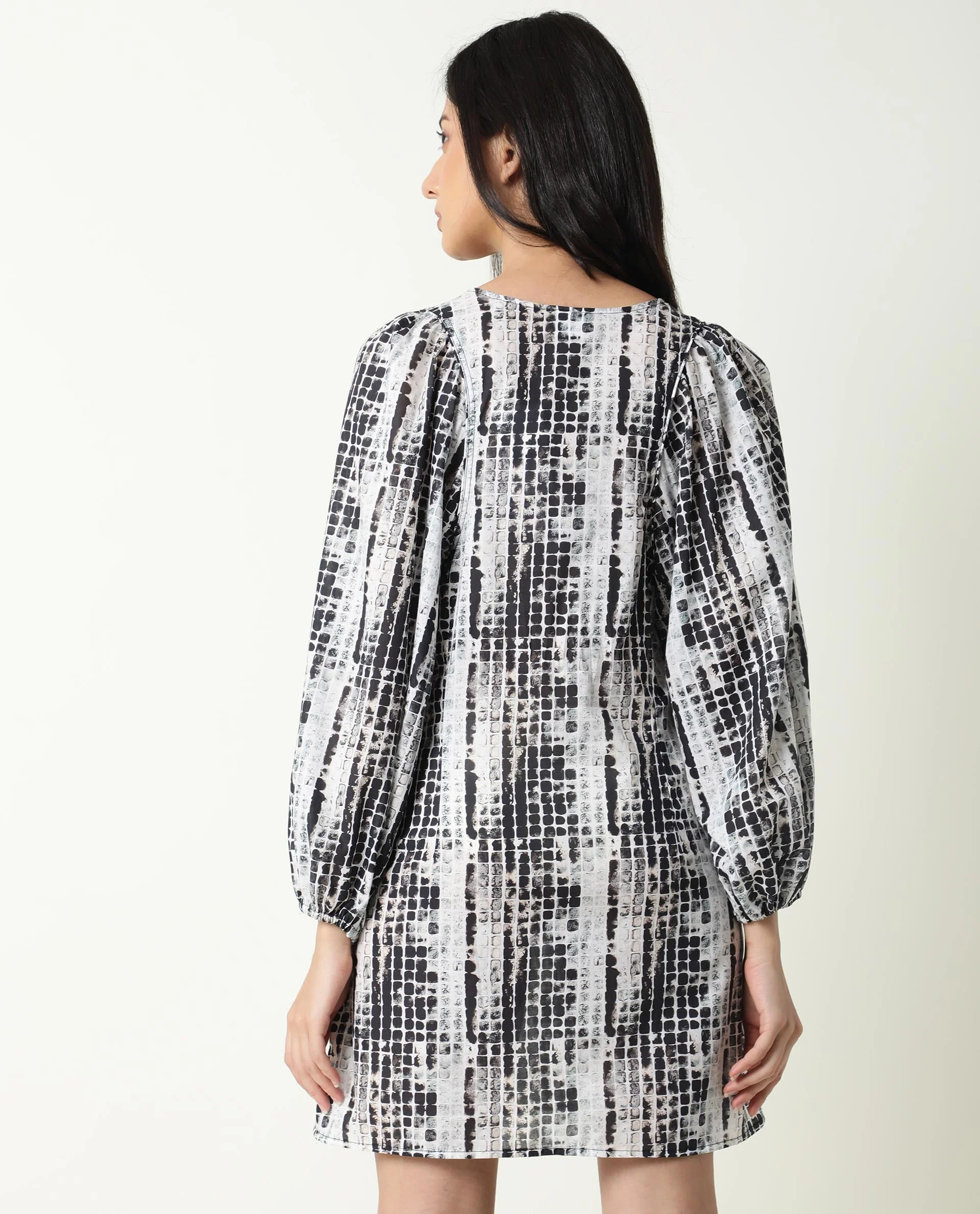 Rareism Women's Ragi Black Cotton Tie-Up Neck Abstract Print Volume Sleeve Mini Regular Fit Dress - Image 8