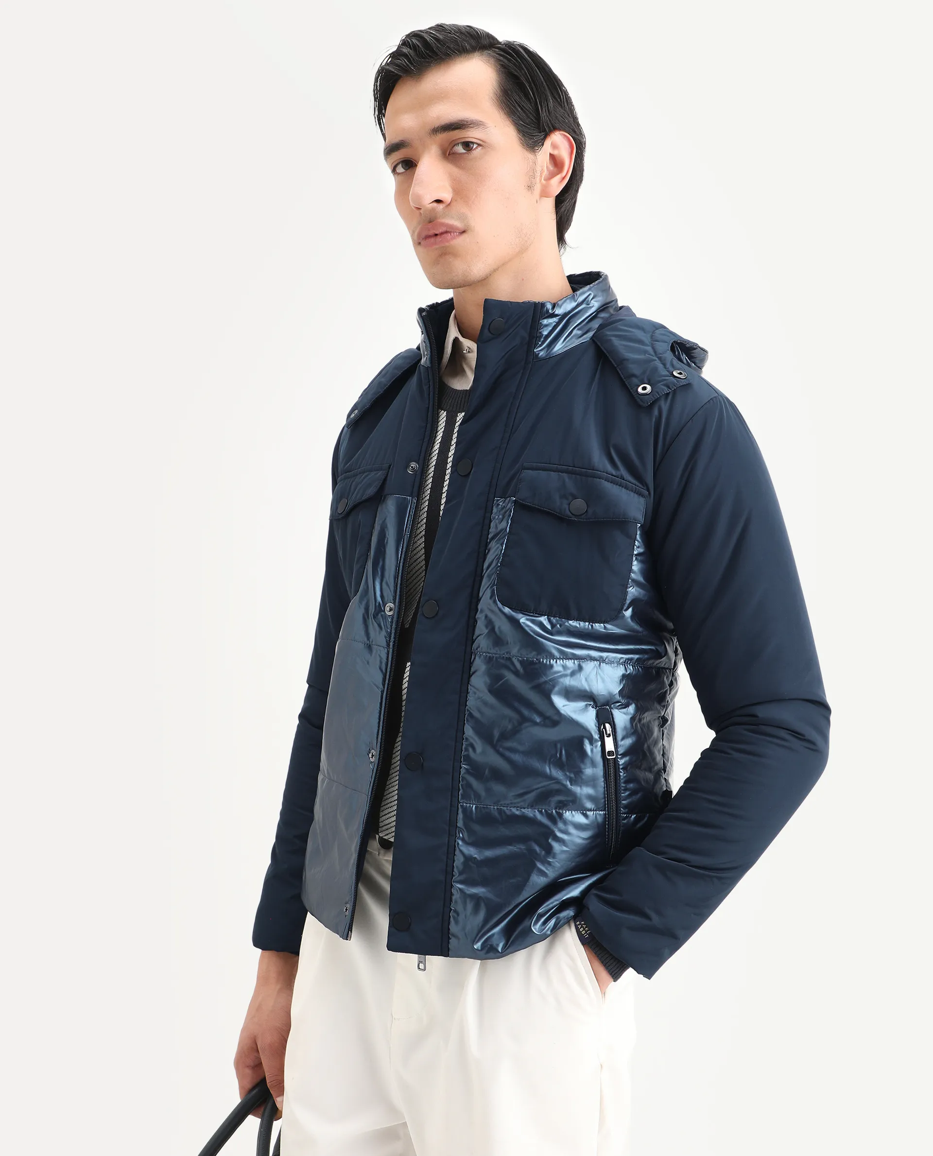 Rare Rabbit Men's Ragon Dark Blue Polyester Plain Relaxed Fit Full Sleeve Hooded Jacket