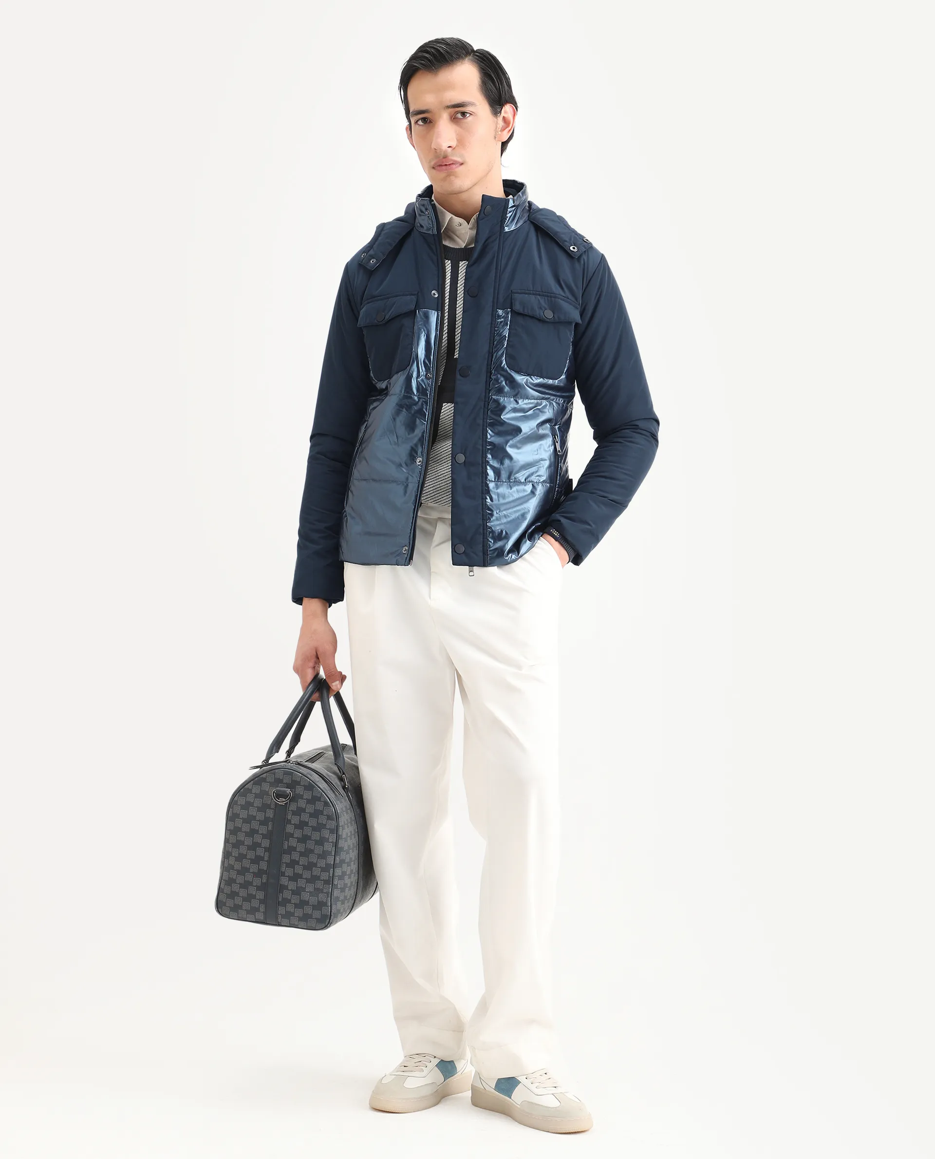 Rare Rabbit Men's Ragon Dark Blue Polyester Plain Relaxed Fit Full Sleeve Hooded Jacket - Image 2
