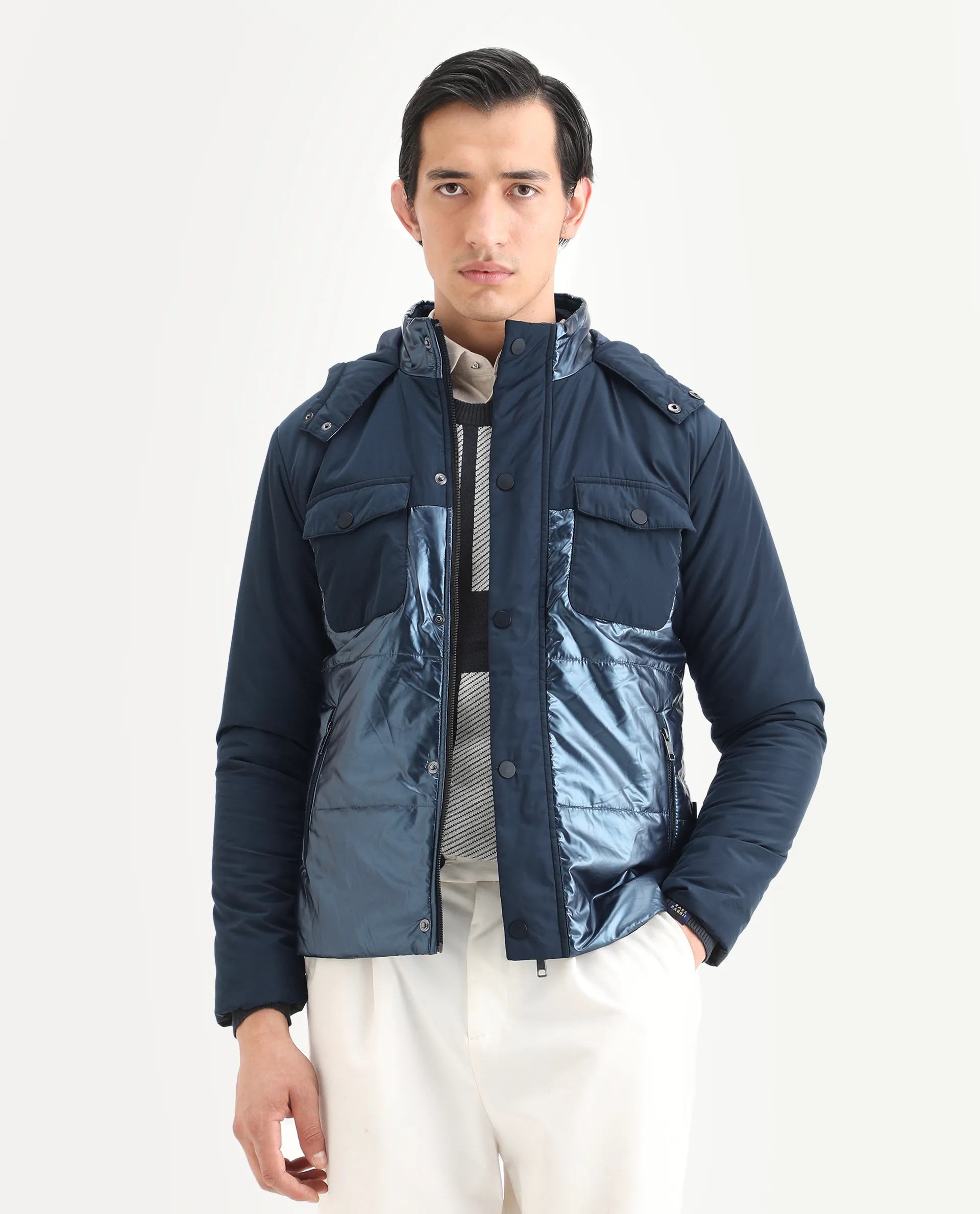 Rare Rabbit Men's Ragon Dark Blue Polyester Plain Relaxed Fit Full Sleeve Hooded Jacket - Image 3