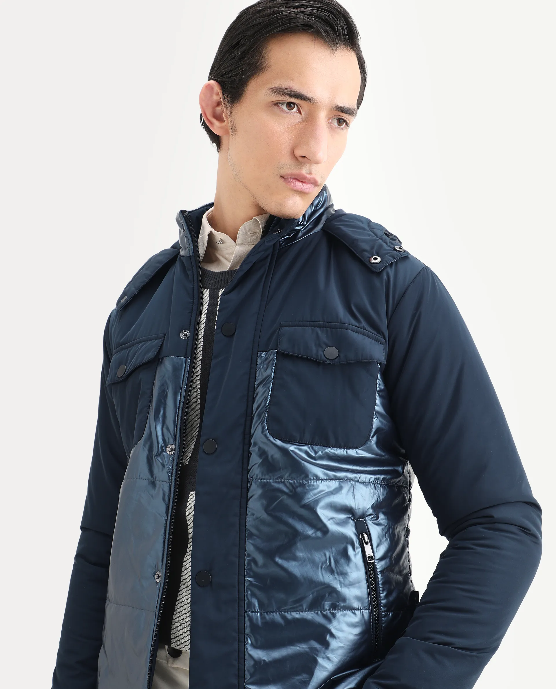 Rare Rabbit Men's Ragon Dark Blue Polyester Plain Relaxed Fit Full Sleeve Hooded Jacket - Image 4
