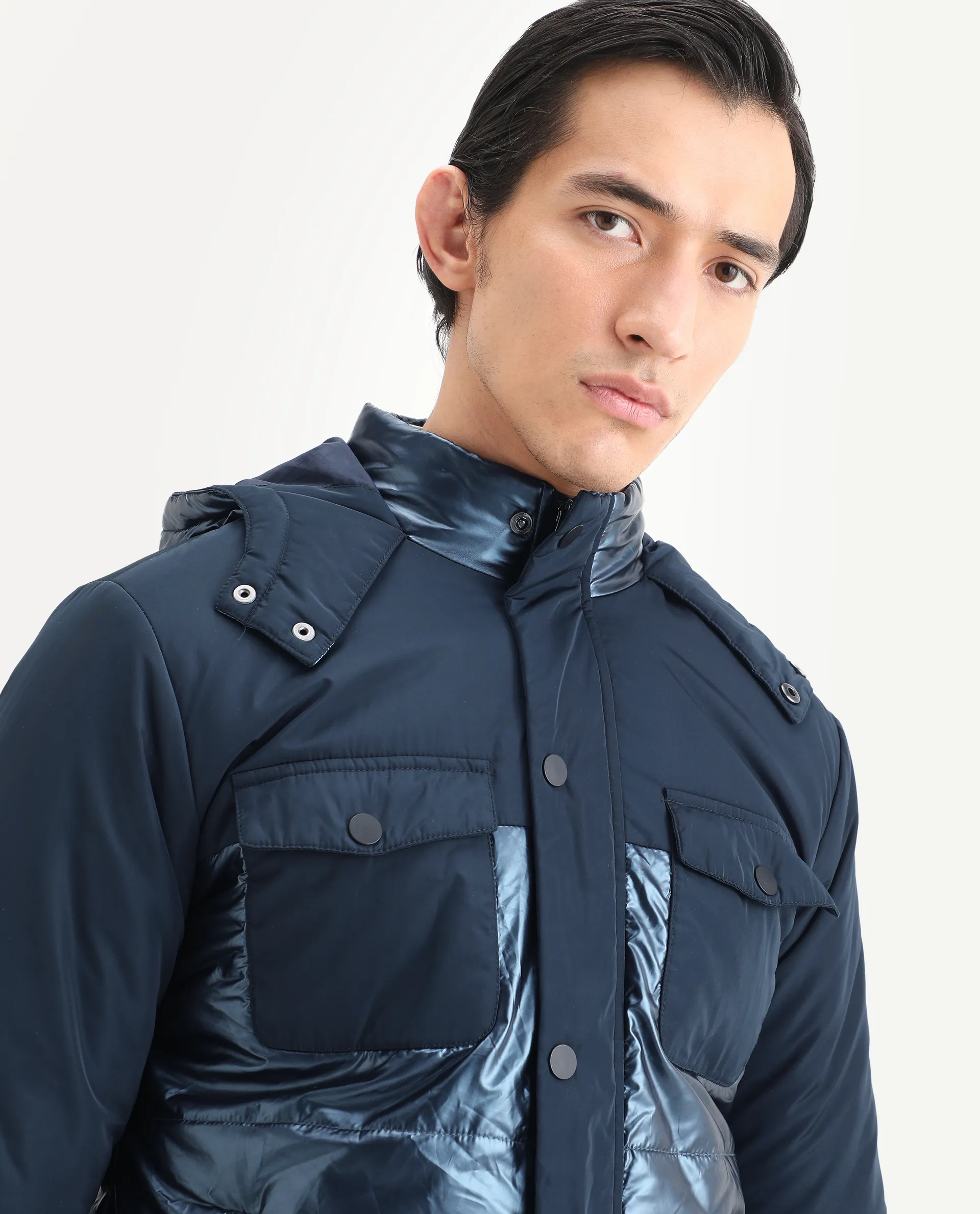 Rare Rabbit Men's Ragon Dark Blue Polyester Plain Relaxed Fit Full Sleeve Hooded Jacket - Image 5