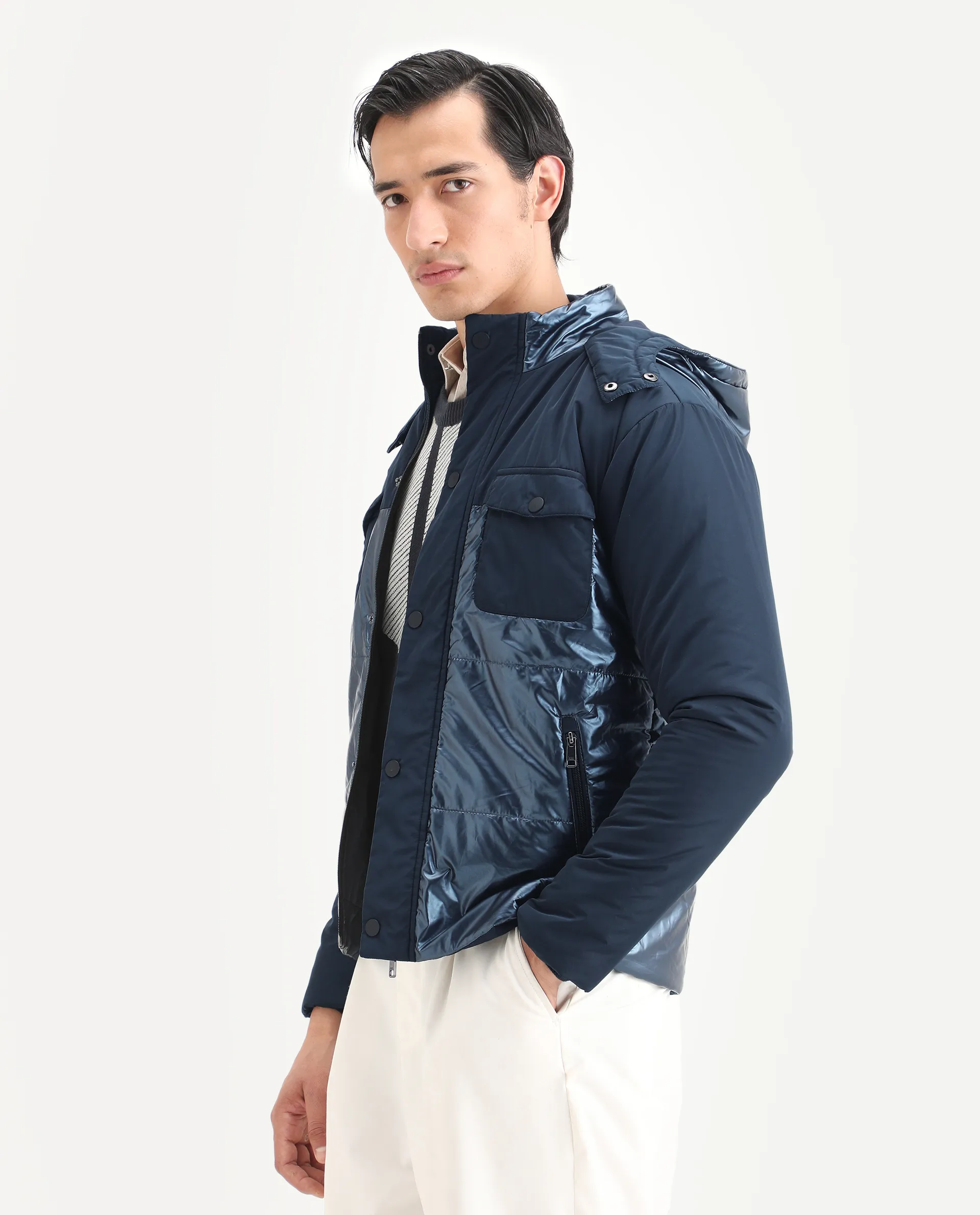 Rare Rabbit Men's Ragon Dark Blue Polyester Plain Relaxed Fit Full Sleeve Hooded Jacket - Image 6