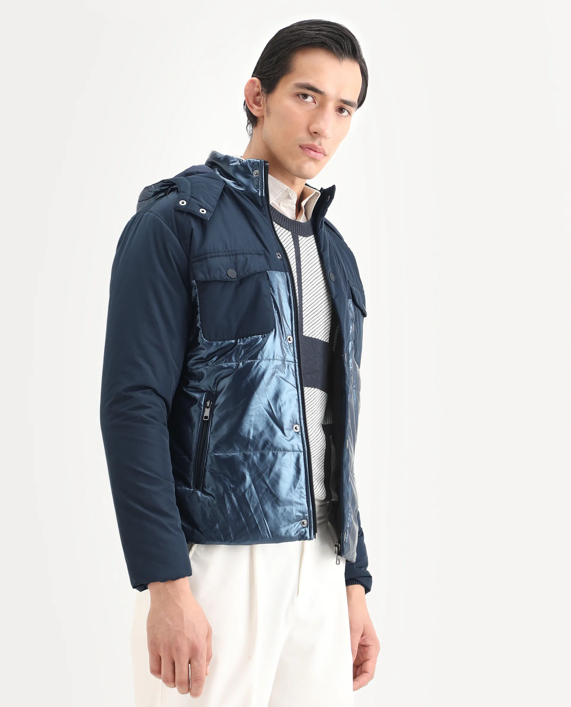 Rare Rabbit Men's Ragon Dark Blue Polyester Plain Relaxed Fit Full Sleeve Hooded Jacket - Image 7