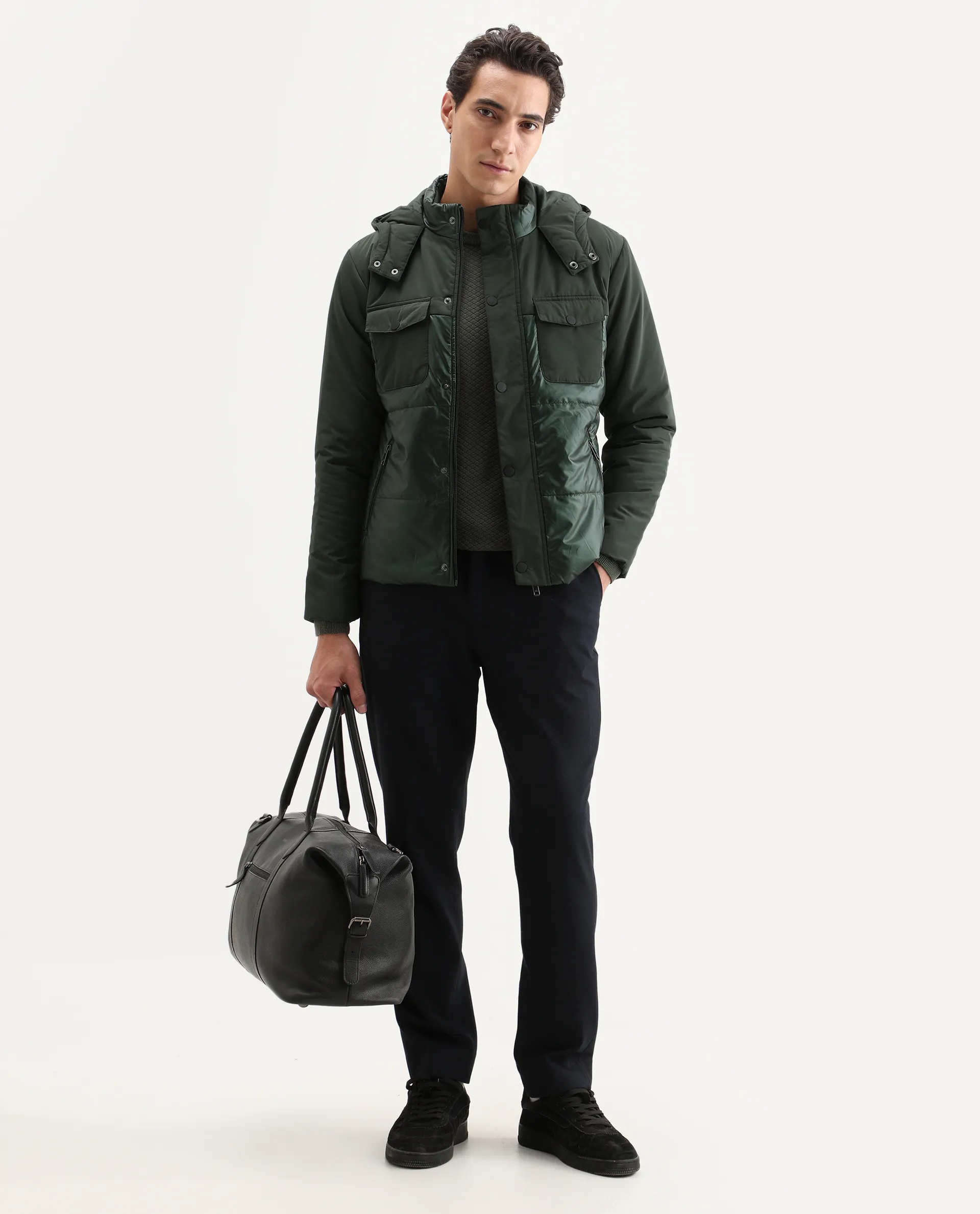 Rare Rabbit Men's Ragon Dark Green Polyester Plain Relaxed Fit Full Sleeve Hooded Jacket - Image 2