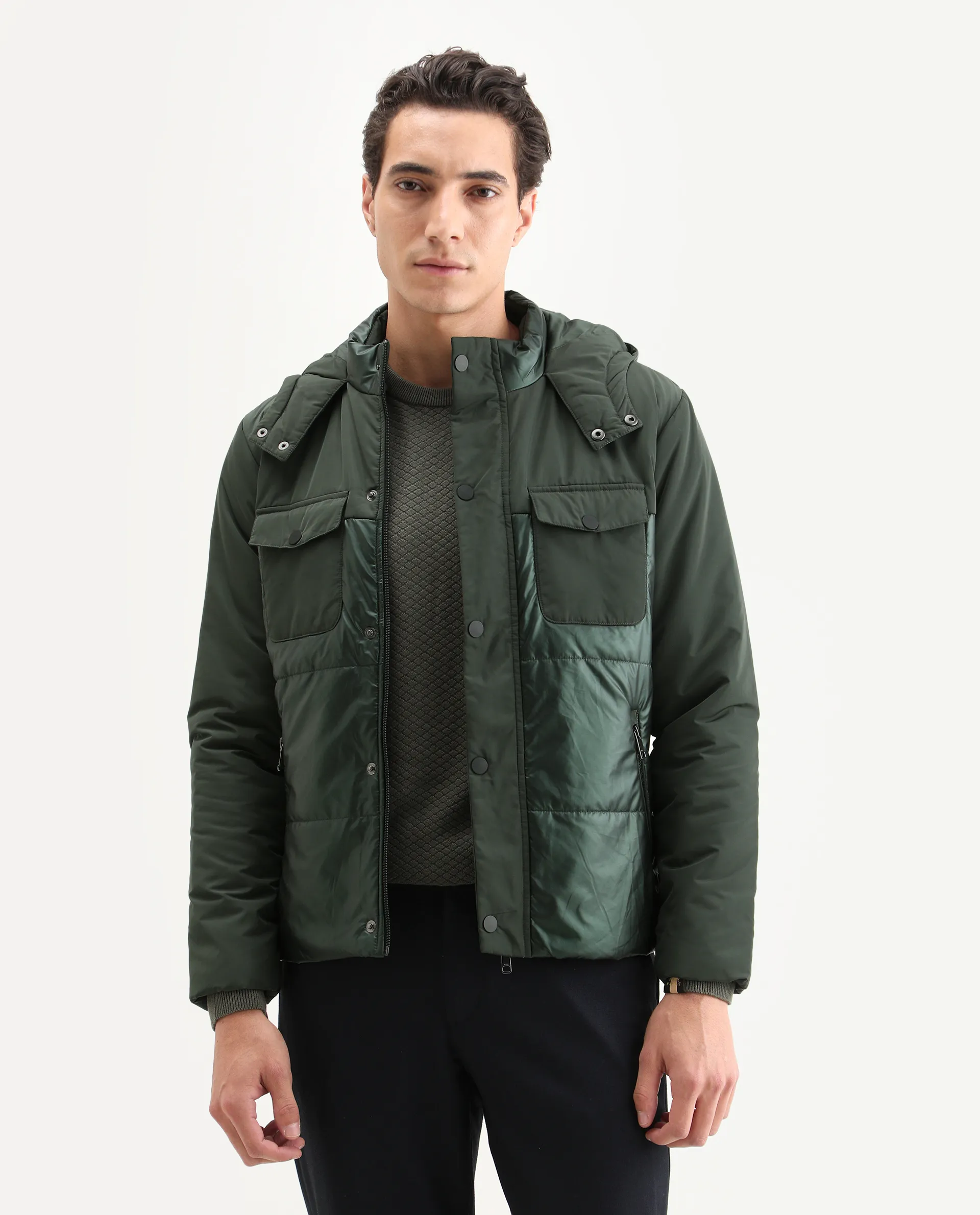 Rare Rabbit Men's Ragon Dark Green Polyester Plain Relaxed Fit Full Sleeve Hooded Jacket - Image 3