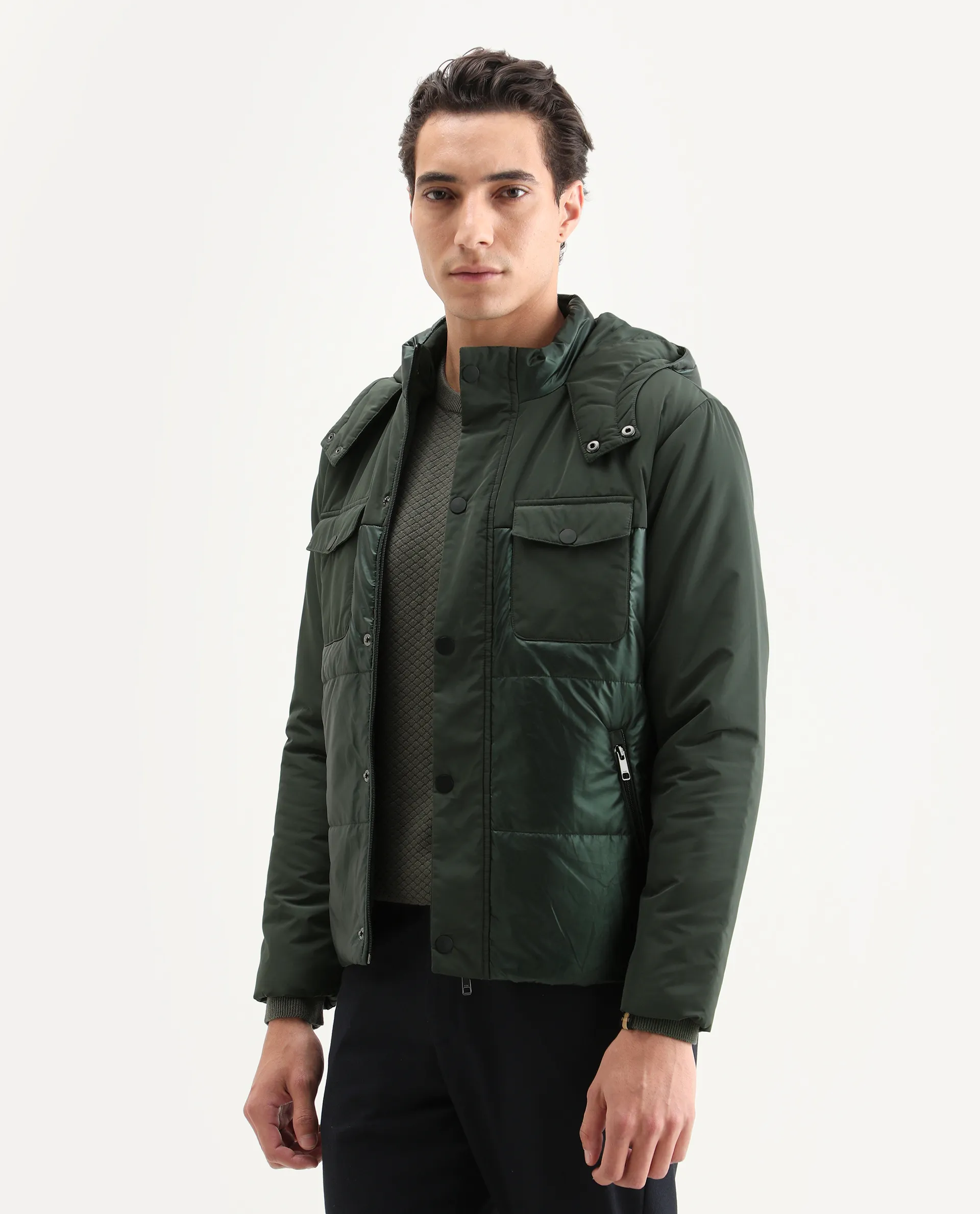 Rare Rabbit Men's Ragon Dark Green Polyester Plain Relaxed Fit Full Sleeve Hooded Jacket - Image 5