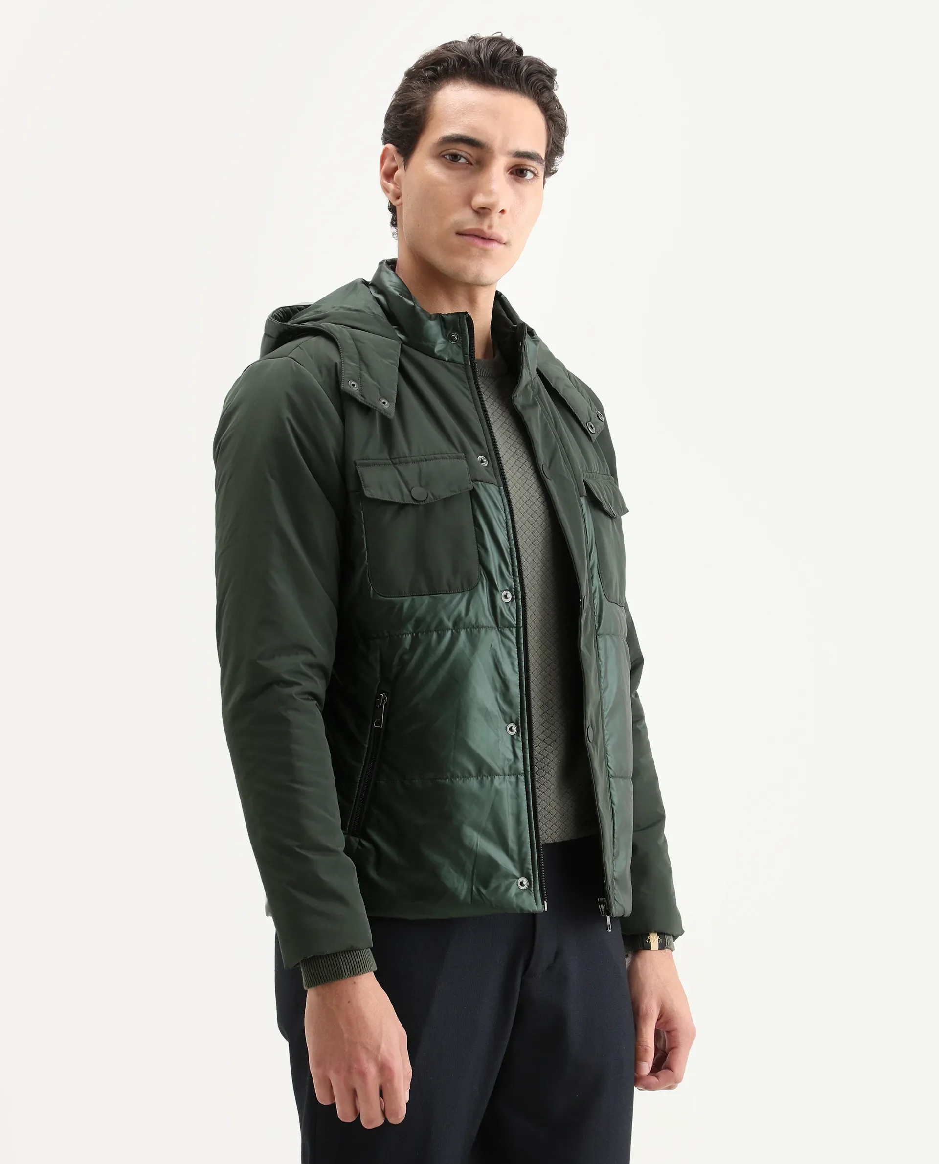 Rare Rabbit Men's Ragon Dark Green Polyester Plain Relaxed Fit Full Sleeve Hooded Jacket - Image 6