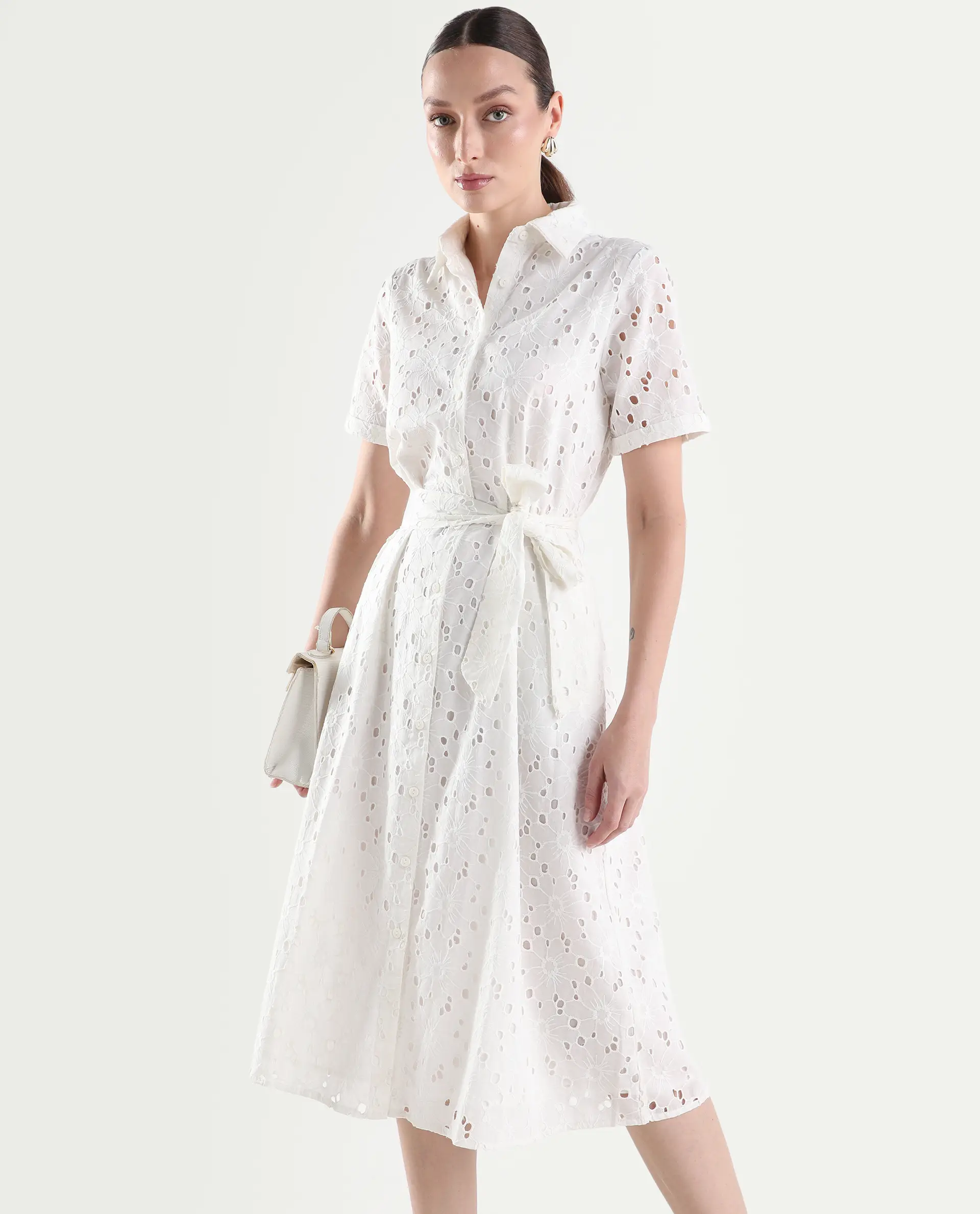 Rareism Women's Rahi Primary White Cotton Half Sleeve Spread Collar A-Line Plain Dress - Image 2