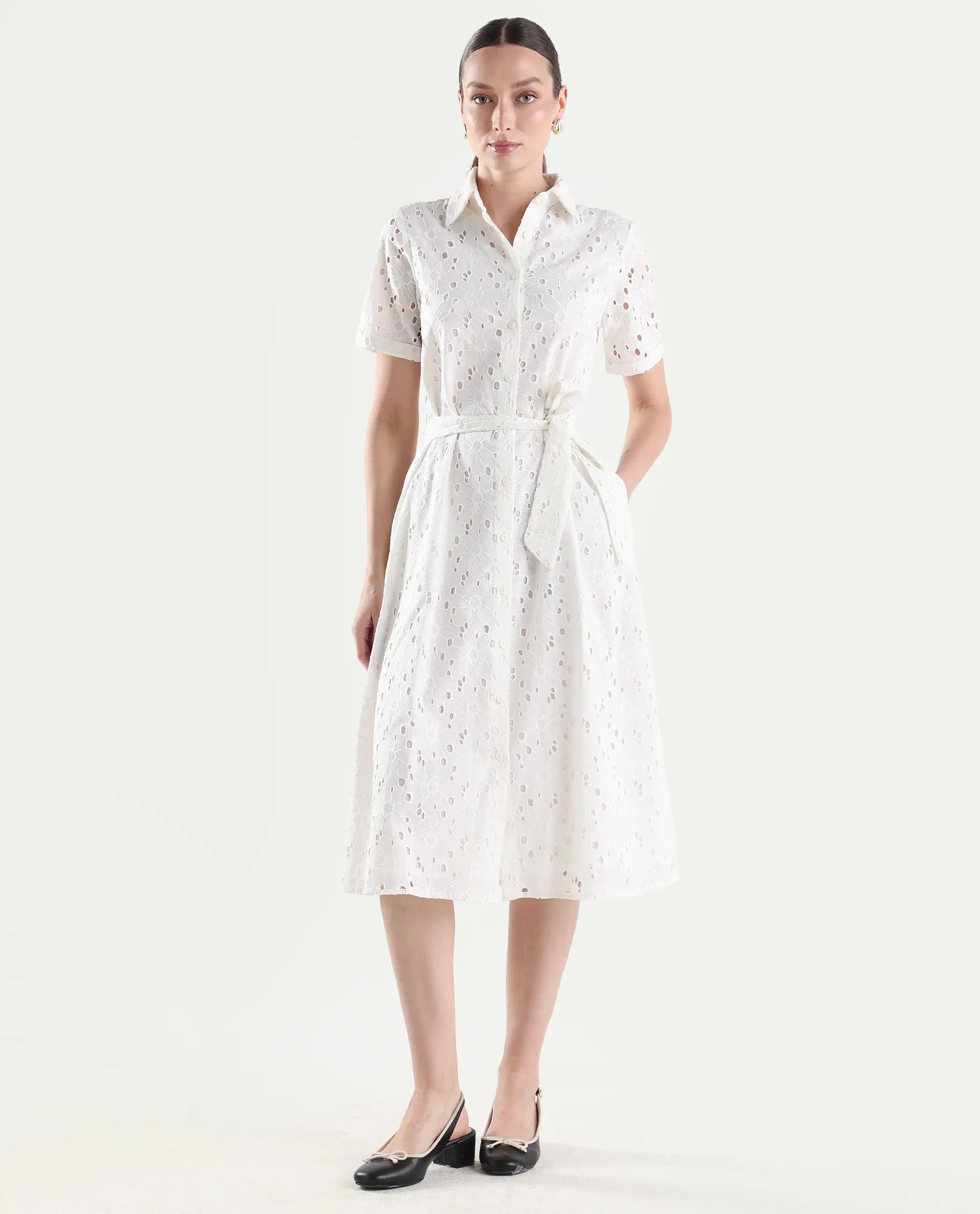 Rareism Women's Rahi Primary White Cotton Half Sleeve Spread Collar A-Line Plain Dress - Image 3