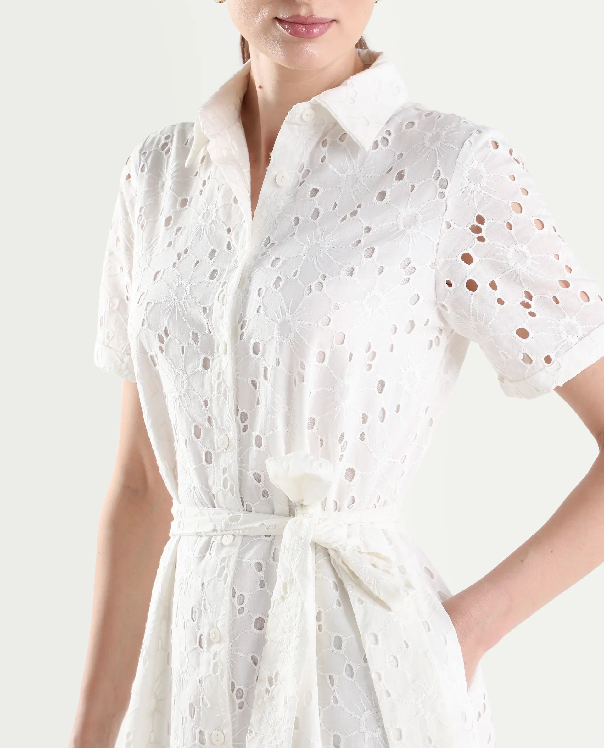 Rareism Women's Rahi Primary White Cotton Half Sleeve Spread Collar A-Line Plain Dress - Image 4