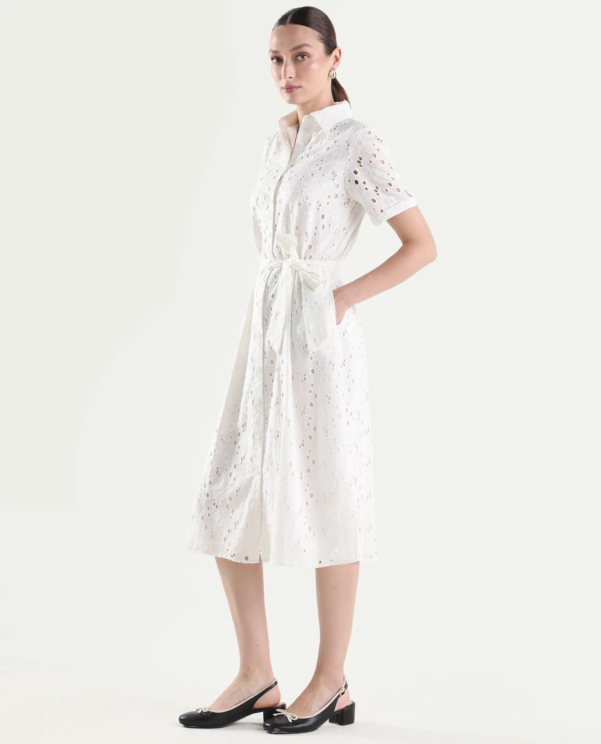 Rareism Women's Rahi Primary White Cotton Half Sleeve Spread Collar A-Line Plain Dress - Image 5