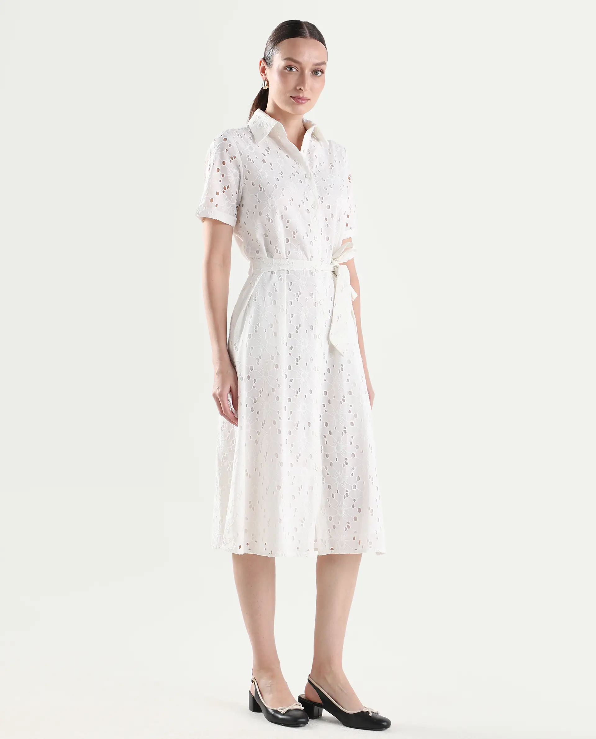 Rareism Women's Rahi Primary White Cotton Half Sleeve Spread Collar A-Line Plain Dress - Image 6
