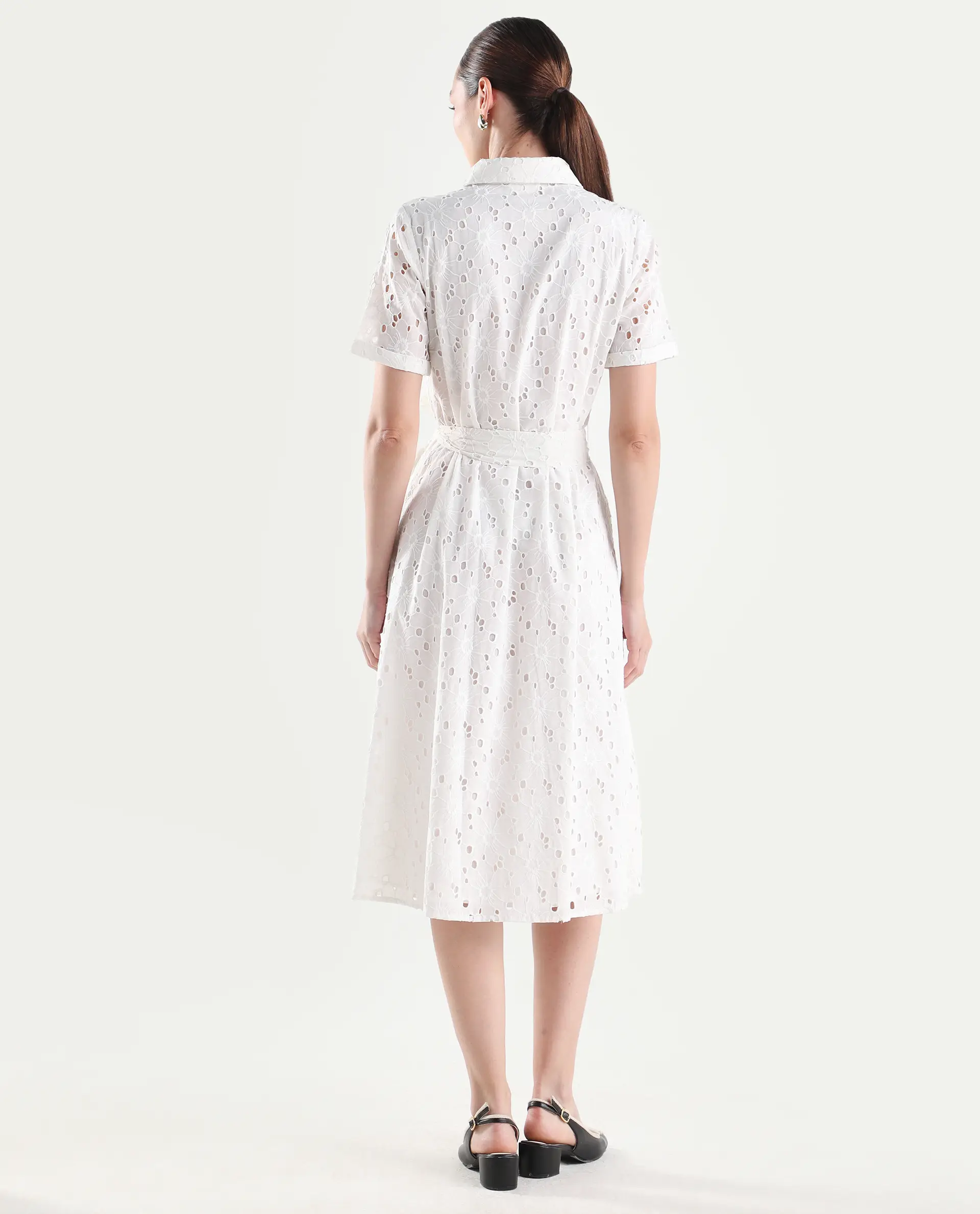 Rareism Women's Rahi Primary White Cotton Half Sleeve Spread Collar A-Line Plain Dress - Image 7