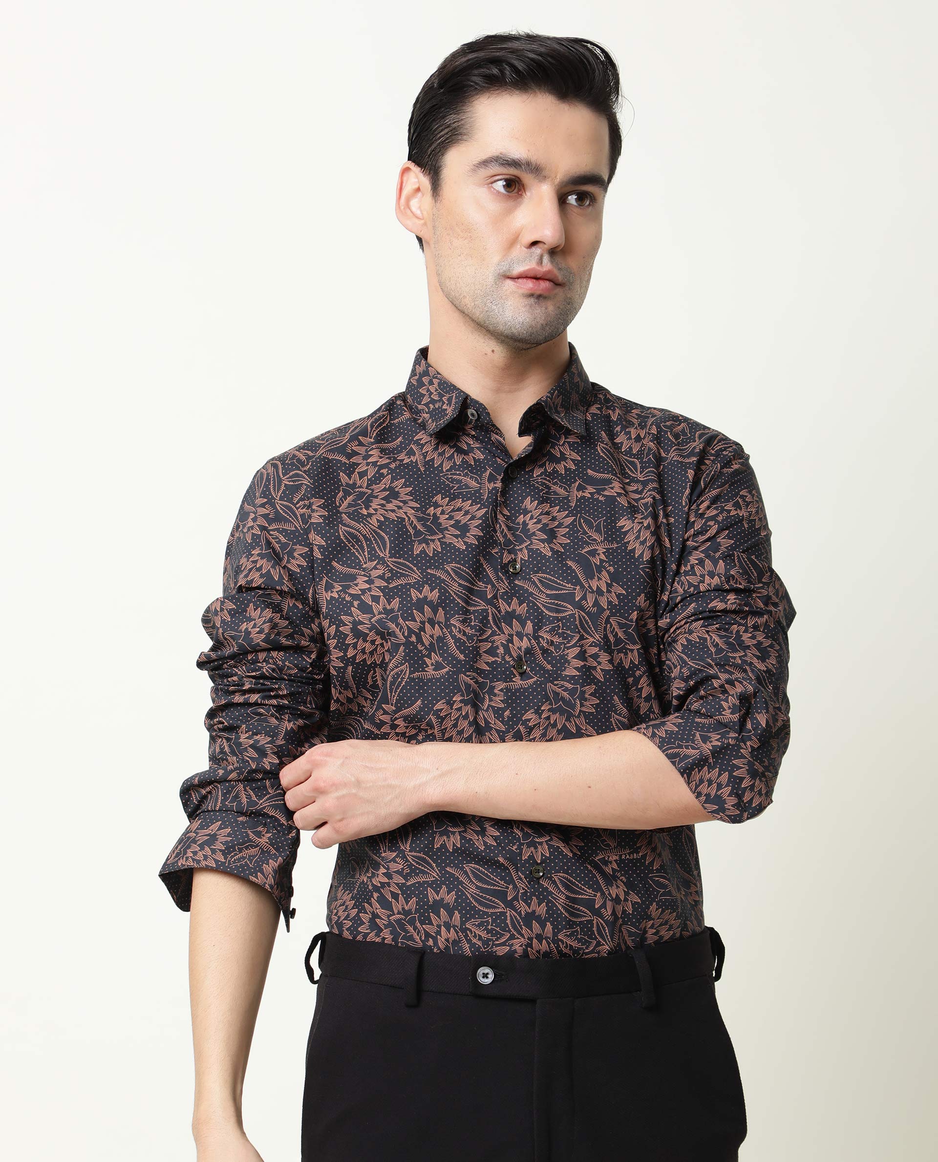 Rare Rabbit Men's Rai Navy Cotton Regular Fit Full Sleeve Spread Collar Shirt