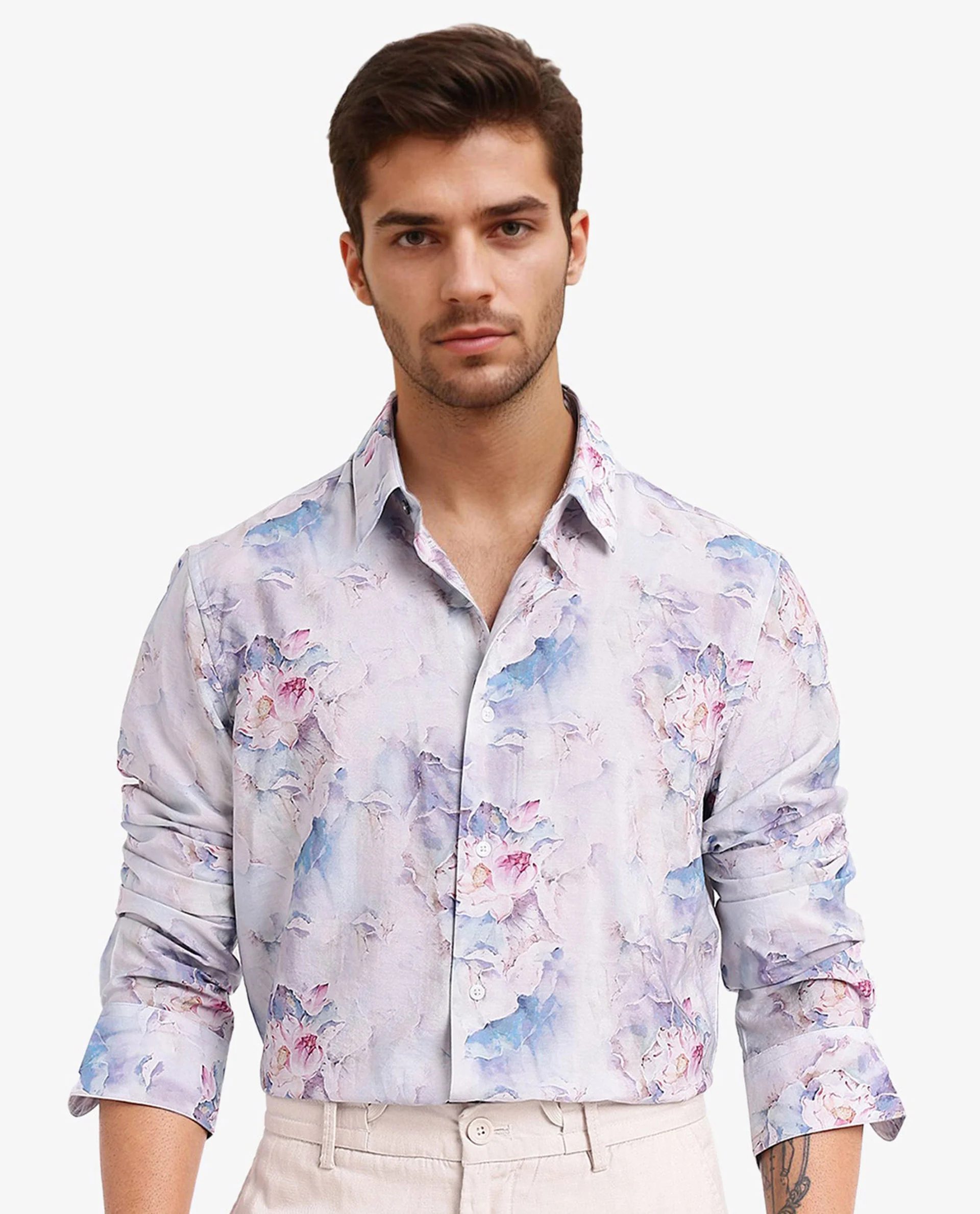 Rare Rabbit Men's Raiko Pastel Purple Viscose Floral Print Regular Fit Full Sleeve Collared Shirt - Image 3