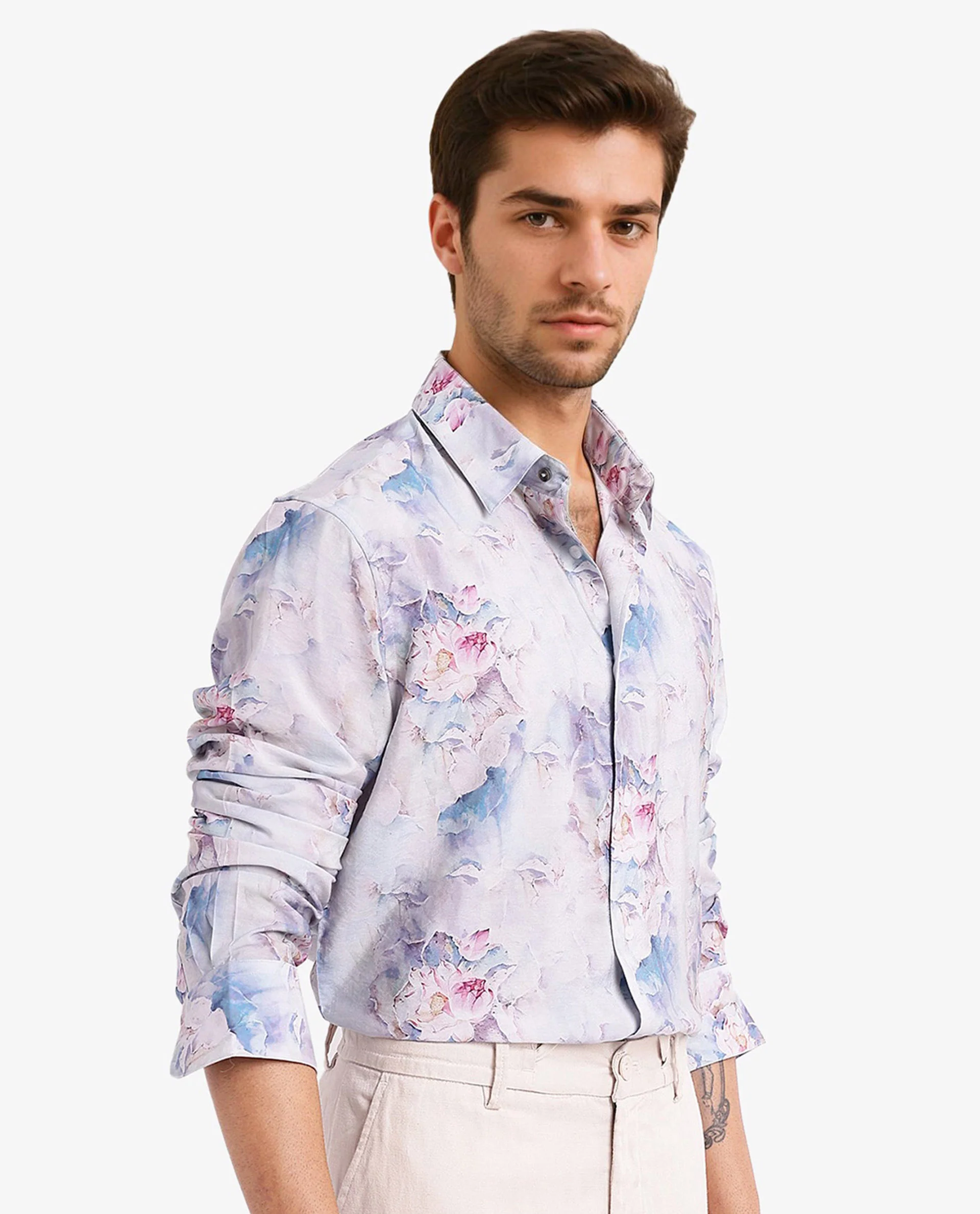 Rare Rabbit Men's Raiko Pastel Purple Viscose Floral Print Regular Fit Full Sleeve Collared Shirt - Image 4