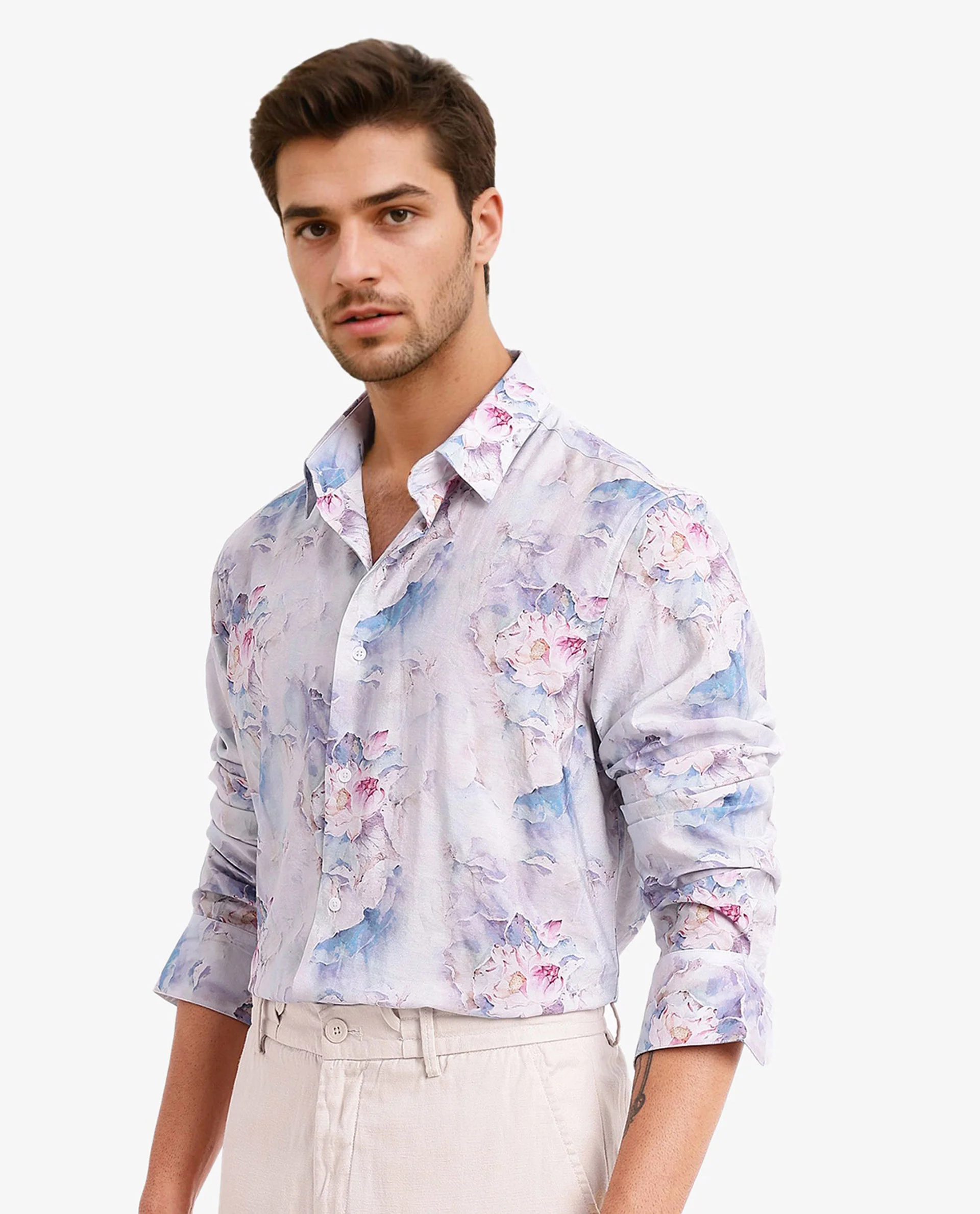 Rare Rabbit Men's Raiko Pastel Purple Viscose Floral Print Regular Fit Full Sleeve Collared Shirt - Image 6