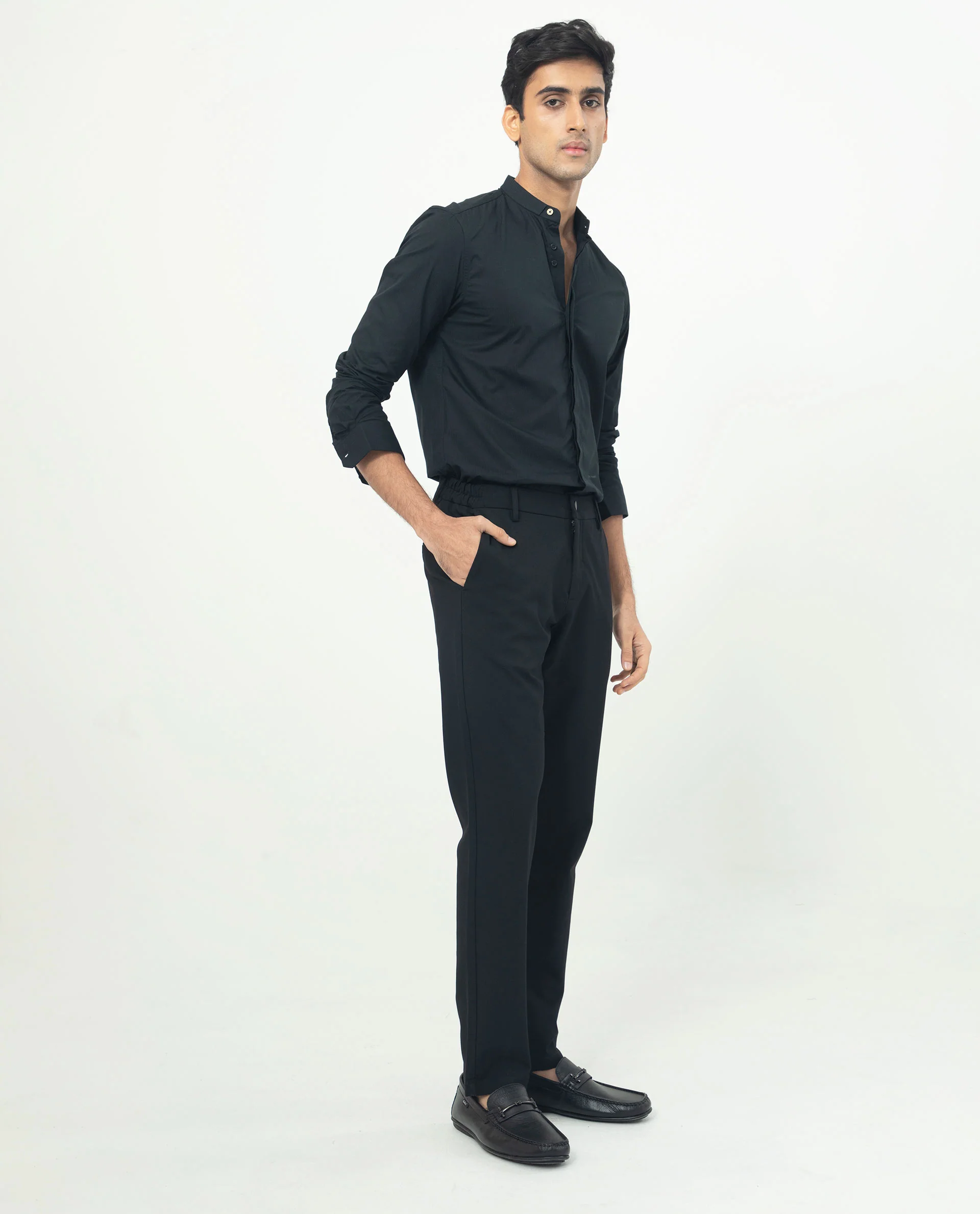 Rare Rabbit Men's Rains Black Cotton Plain Tailored Fit Full Sleeve Mandarin Collar Shirt - Image 10